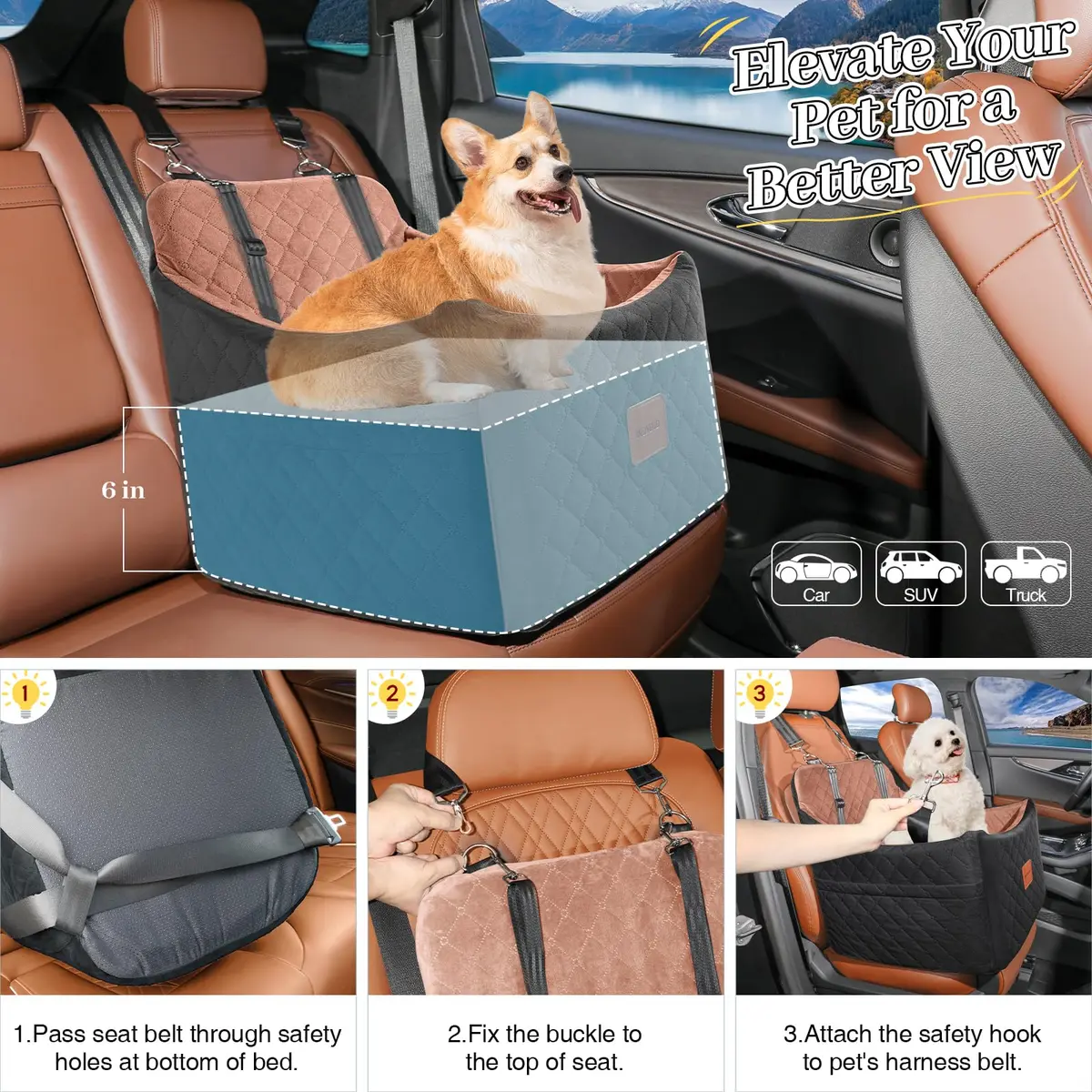 INDYBUD Dog Car Seat for Small/Medium Dogs | Memory Foam Travel Safety Booster (19 in) with Washable Cover - view 6