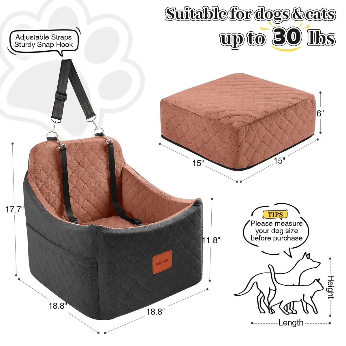 INDYBUD Dog Car Seat for Small/Medium Dogs | Memory Foam Travel Safety Booster (19 in) with Washable Cover - view 3