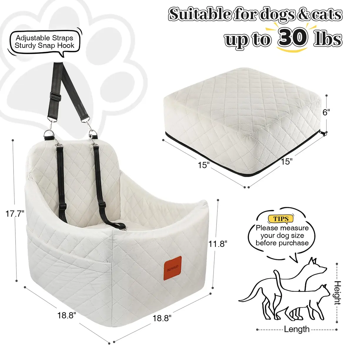 INDYBUD Dog Car Seat for Dogs up to 35lbs | Adjustable, Washable & Safe Travel Companion - view 2
