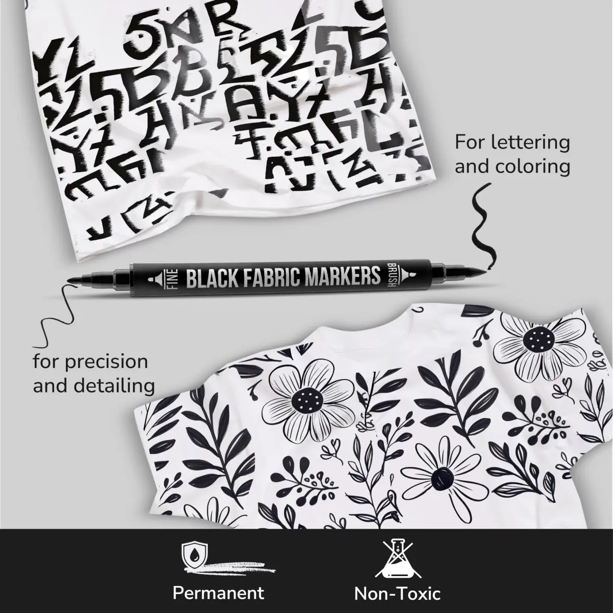 Zenacolor Permanent Black Fabric Markers for Clothes - 5 Dual Tip Pens | Non-Toxic, Water-Resistant Ink for Textiles & Paper - view 5