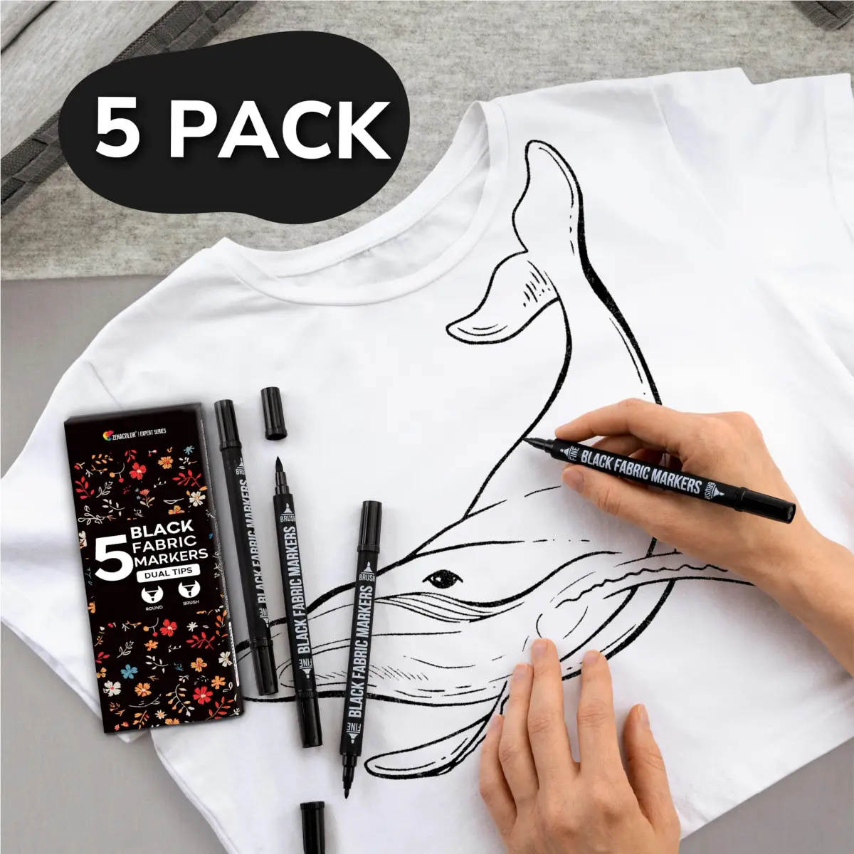 Zenacolor Permanent Black Fabric Markers for Clothes - 5 Dual Tip Pens | Non-Toxic, Water-Resistant Ink for Textiles & Paper - view 3