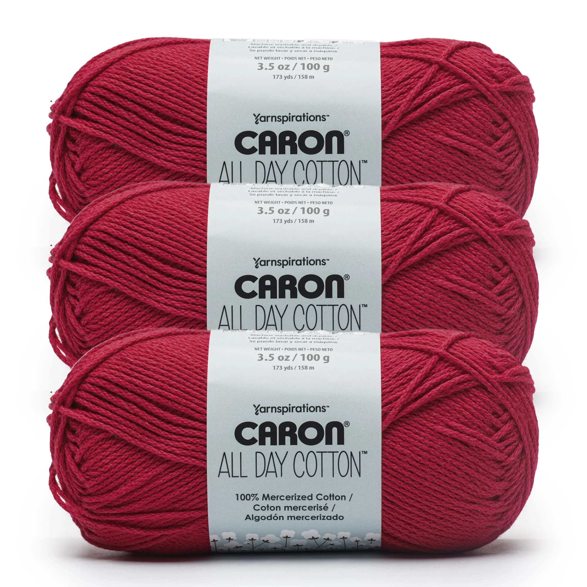 Caron All Day Cotton Yarn 3 Pack Red Lip (3 x 100g / 3.52 oz) | Mercerized Cotton for Intricate Stitches - main product image