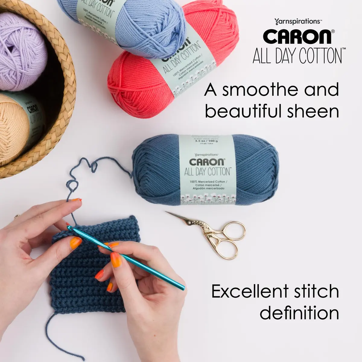 Caron All Day Cotton Yarn Red Lip 100g (3.52 oz) | Mercerized Cotton for Knitting & Crochet - view 5