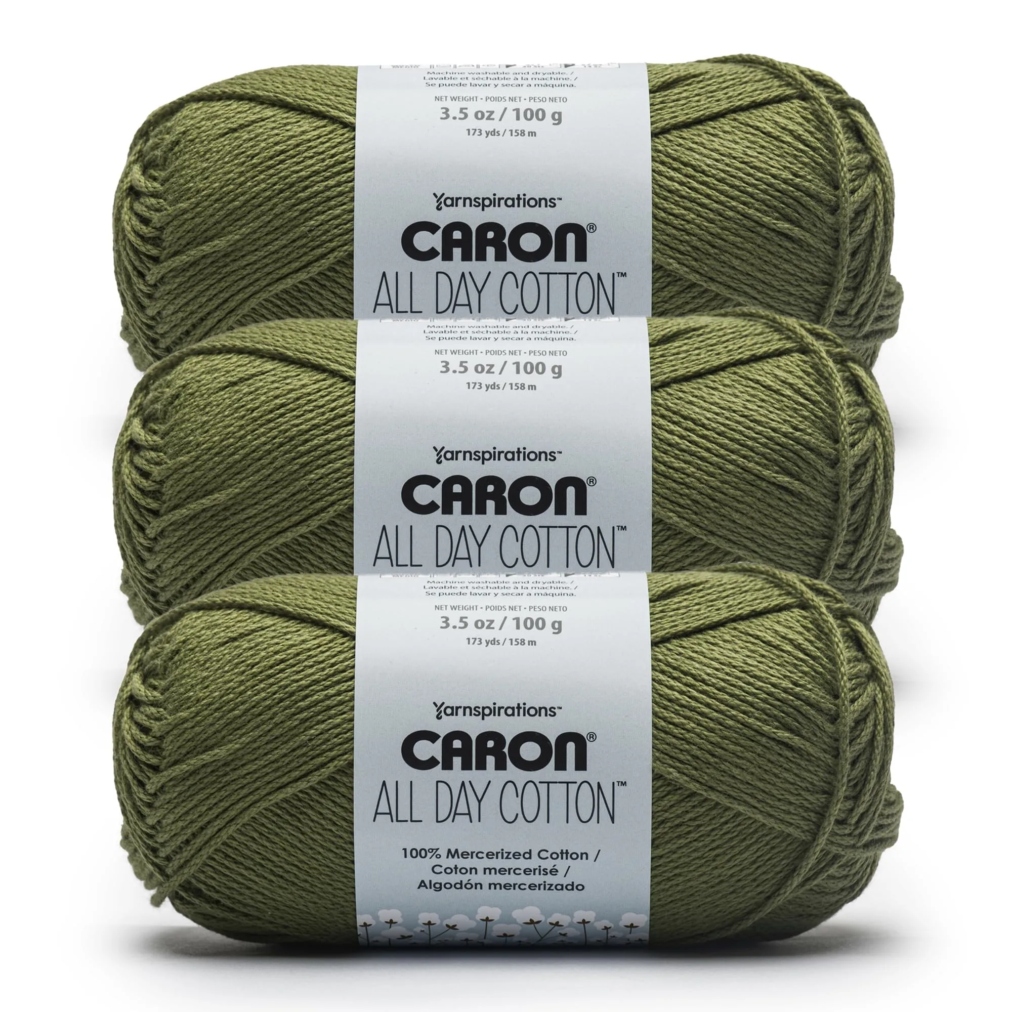 Caron All Day Cotton Yarn (3 Pack, 100g/3.5oz Moss) | Mercerized Cotton for Knitting & Crochet - main product image