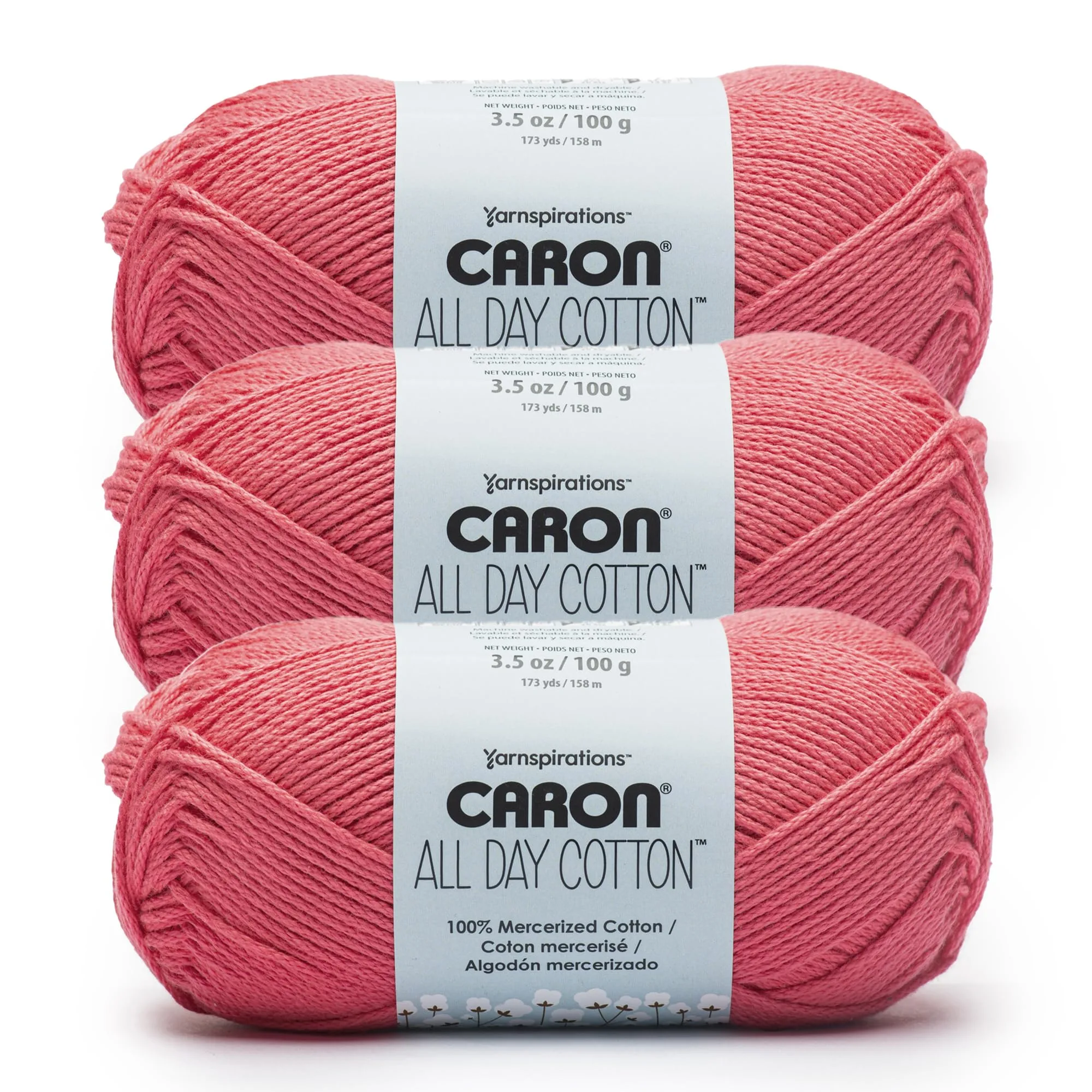 Caron All Day Cotton Yarn (3 Pack, 100g/3.52 oz Each, Cherry) | Mercerized Cotton for Knitting & Crochet - main product image