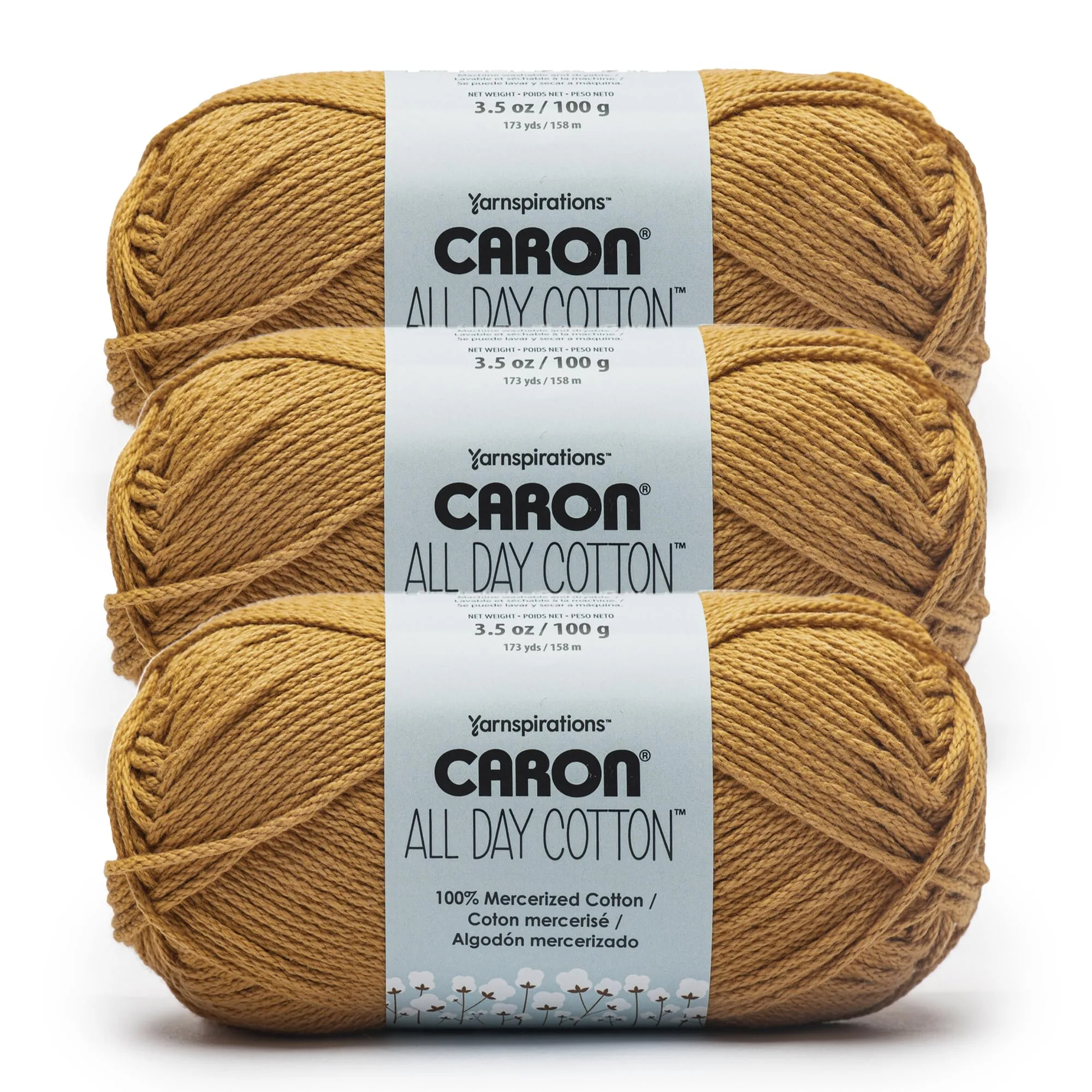 Caron All Day Cotton Yarn 3 Pack Golden (3 x 3.52 oz / 100g) | Mercerized Cotton for Knitting & Crochet - main product image