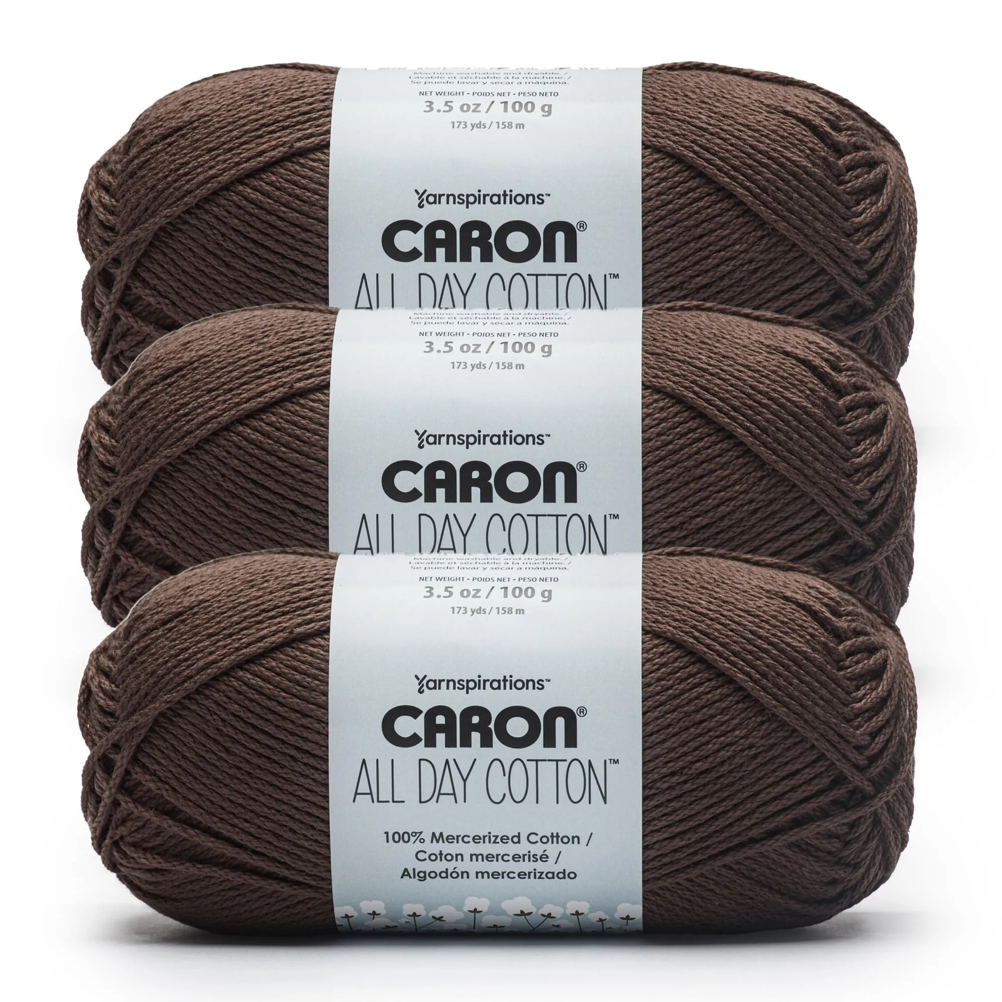 Caron All Day Cotton Yarn Coffee Bean (3 Pack, 10.56 oz / 519 yds) | Mercerized Cotton for Crocheting & Knitting - main product image