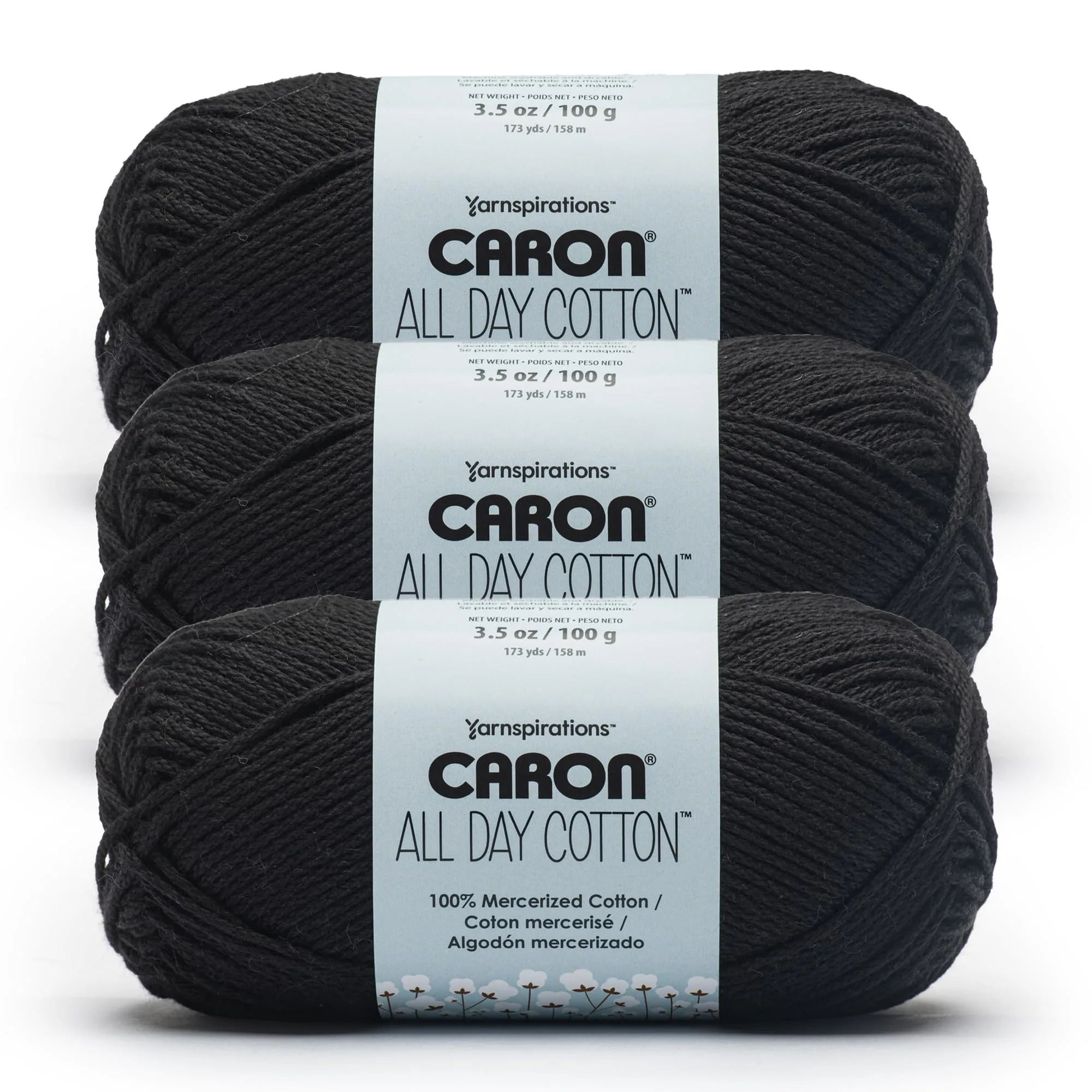Caron All Day Cotton Yarn 3 Pack Black | Mercerized Cotton for Knitting & Crochet - main product image