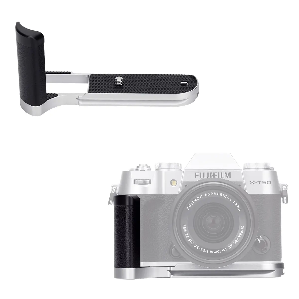 JJC Metal Hand Grip L-Shape Handle for Fujifilm X-T50 Camera, Silver | Arca Swiss Quick Release Base & 1/4''-20 Tripod Hole - main product image