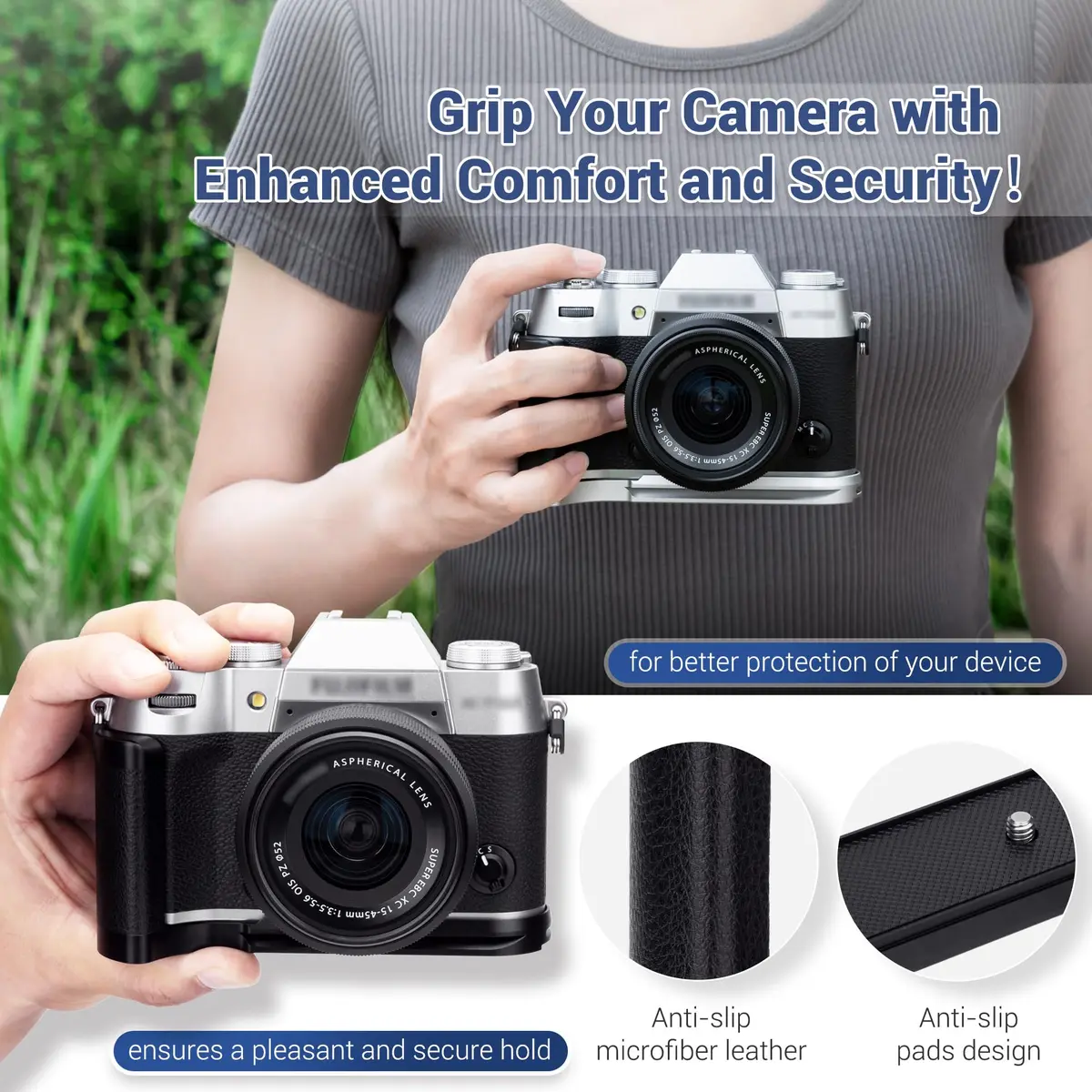 JJC Metal Hand Grip L-Shape Handle for Fujifilm X-T50 Camera, Silver | Arca Swiss Quick Release Base & 1/4''-20 Tripod Hole - view 2
