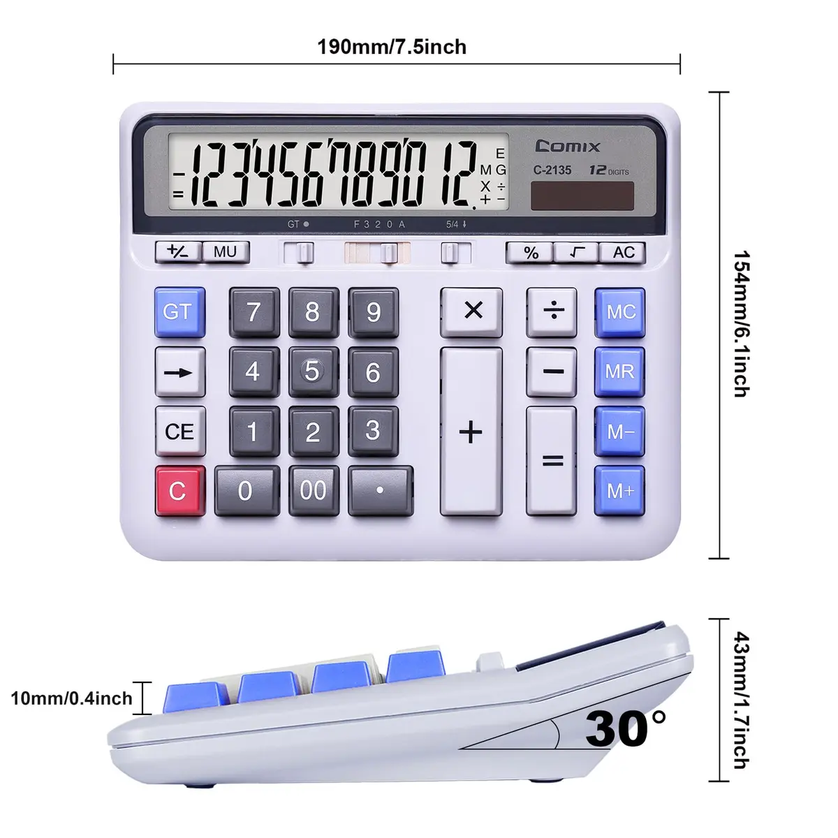 Comix Desktop Calculator 12 Digits White | Large LCD, Office & Home Use - view 3