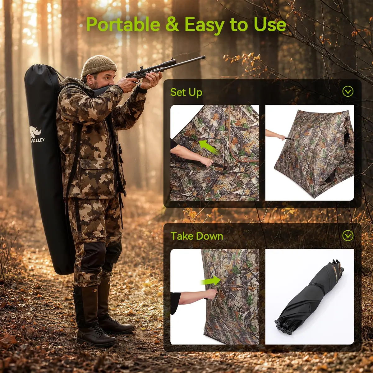 Rhino Valley Hunting Blind 360° See Through, 2-3 Person Pop Up Hunting Tent | Concealed Shelter with Silent Windows - view 6