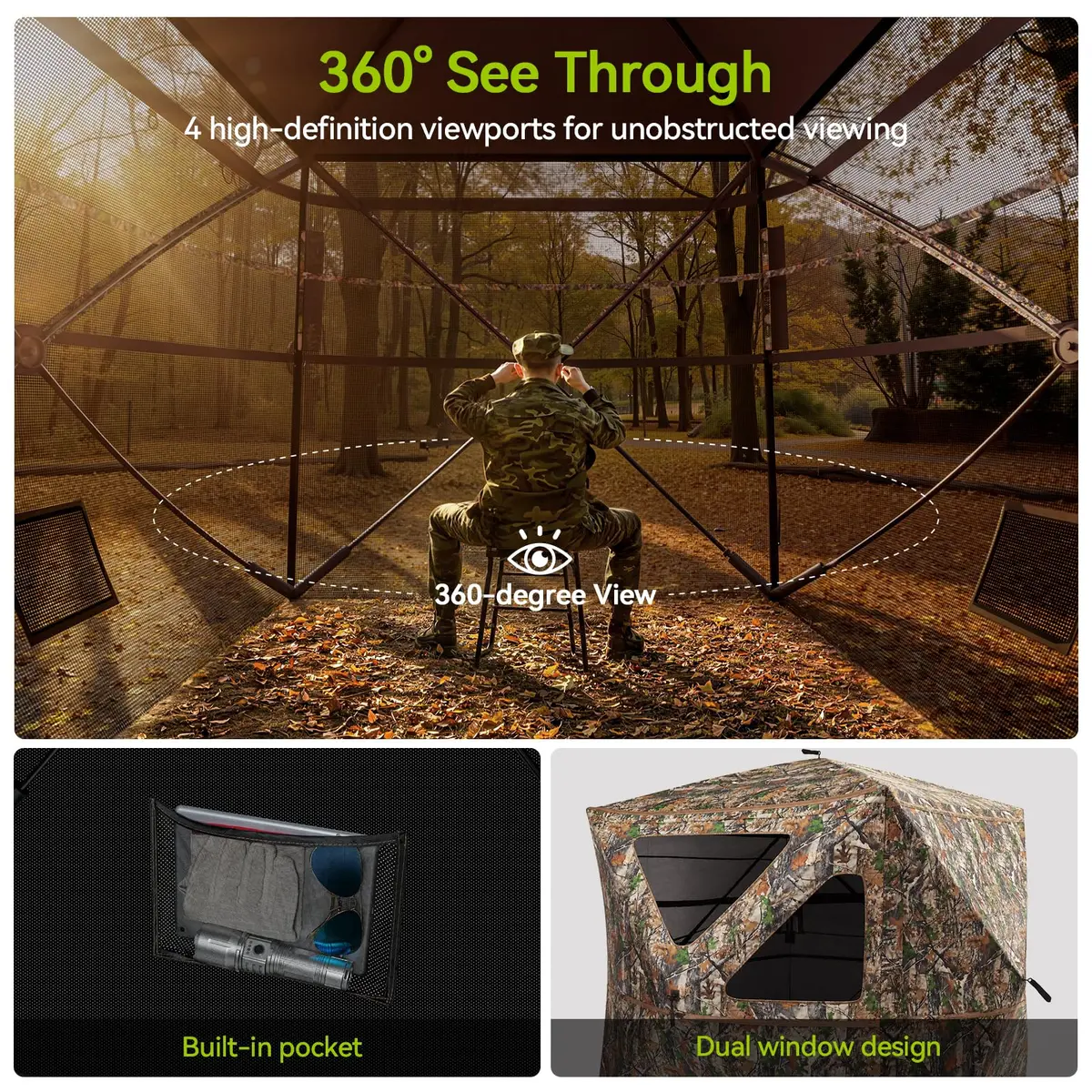 Rhino Valley Hunting Blind 360° See Through, 2-3 Person Pop Up Hunting Tent | Concealed Shelter with Silent Windows - view 2