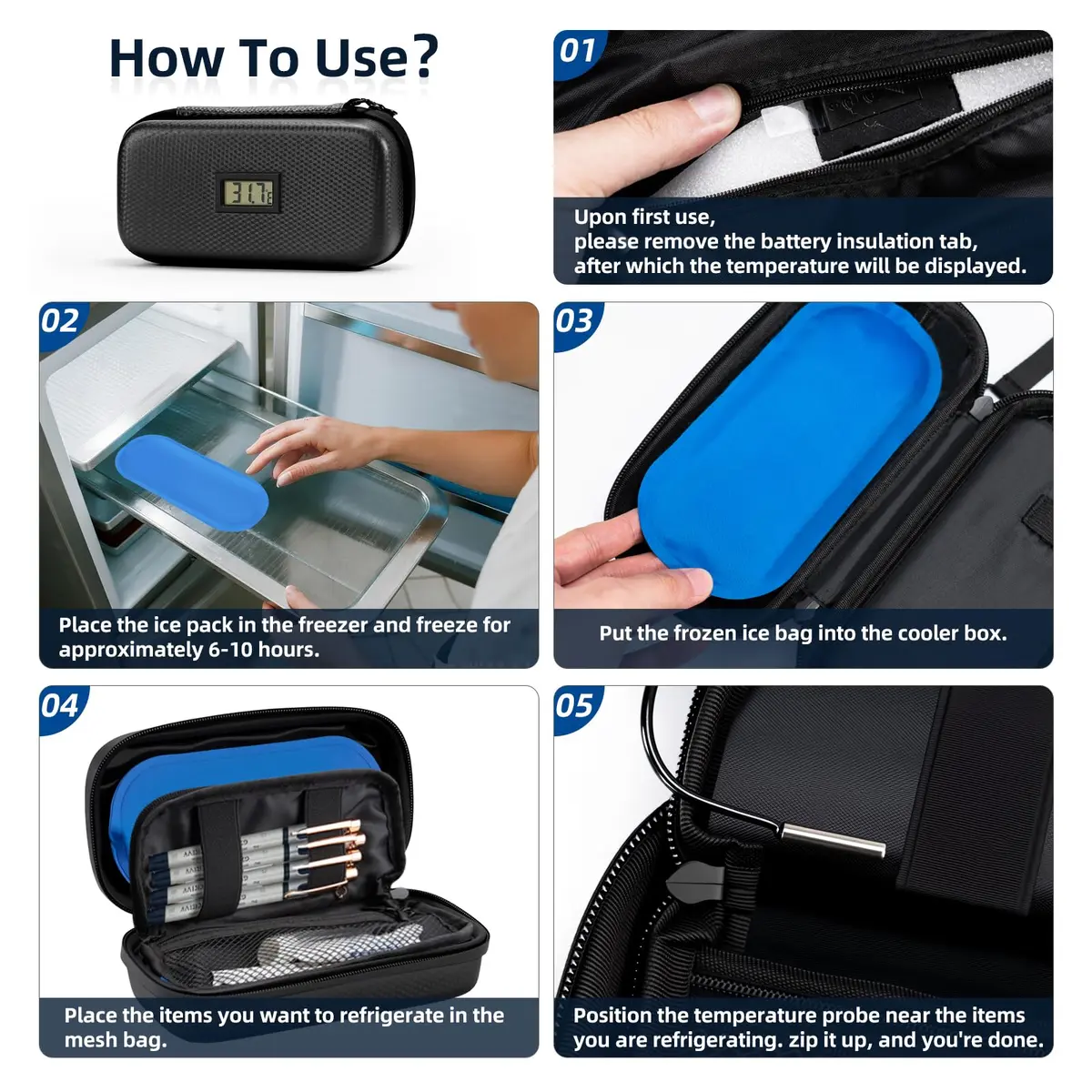 MOSKESON Insulin Cooler Travel Case with Temperature Display | Portable Refrigerated Medicine Storage Bag for Diabetics (Black) - view 4