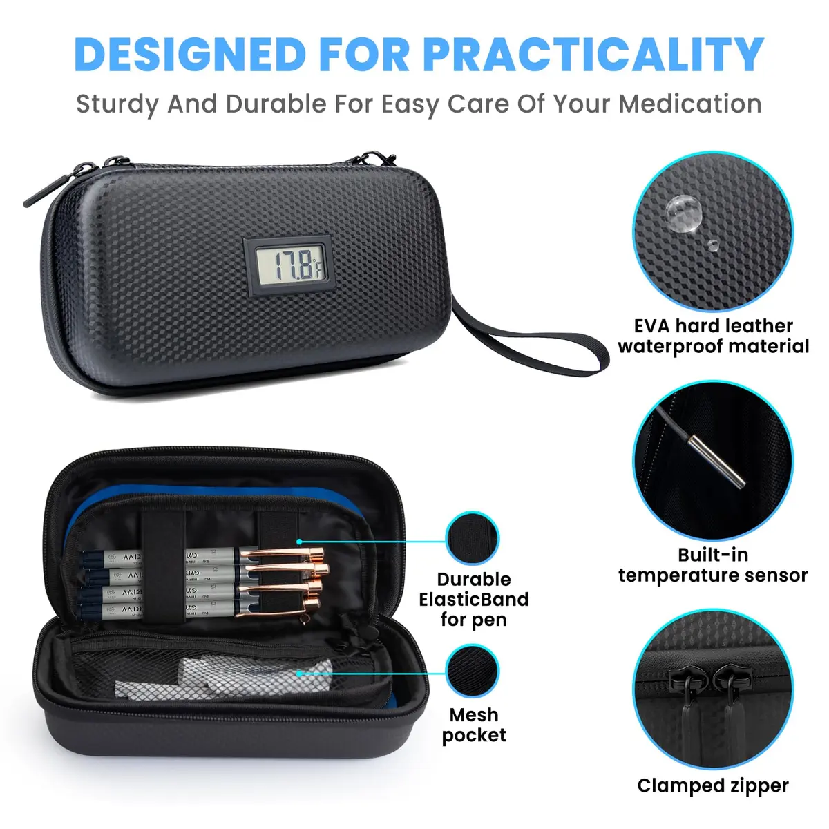 MOSKESON Insulin Cooler Travel Case with Temperature Display | Portable Refrigerated Medicine Storage Bag for Diabetics (Black) - view 2
