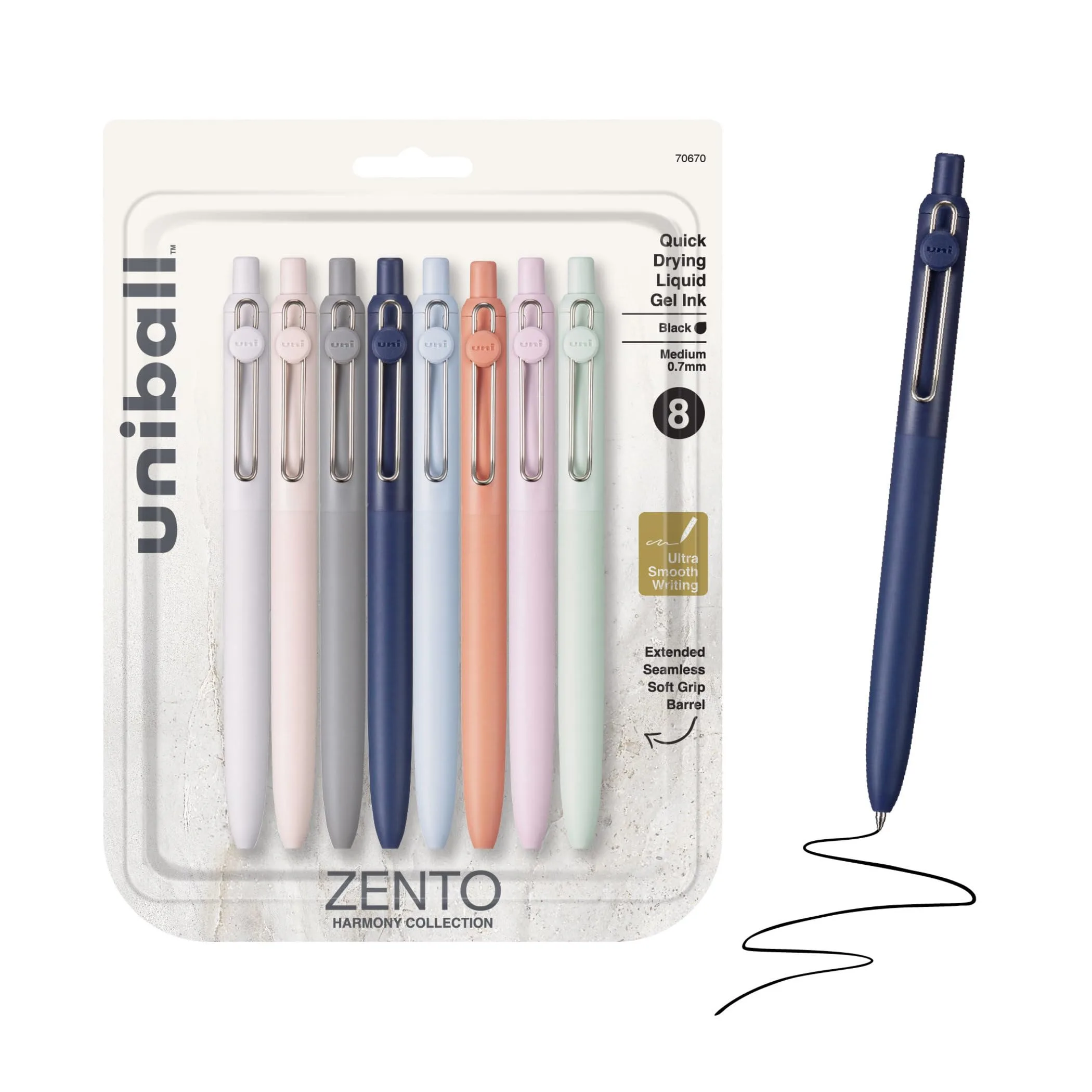 Uni-Ball Zento Gel Pens, 0.7mm Medium Point, Black Ink, 8 Count, Harmony Barrel Colors - main product image