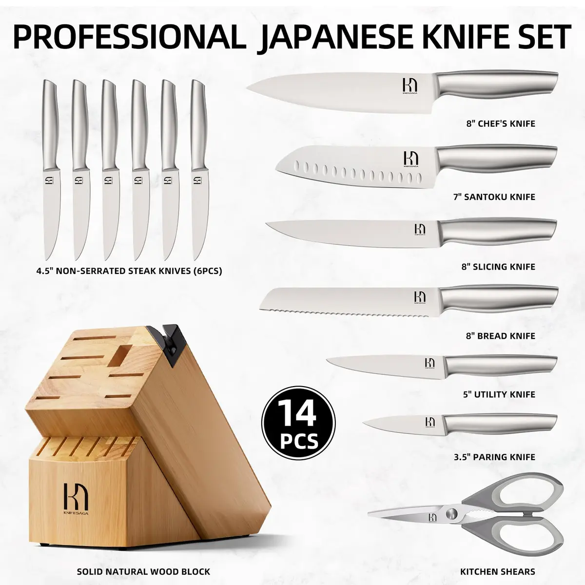 KnifeSaga 14 Pcs Knife Set with Block, Premium, Razor Sharp, Japanese Steel | 14-Piece Kitchen Knife Collection - view 6