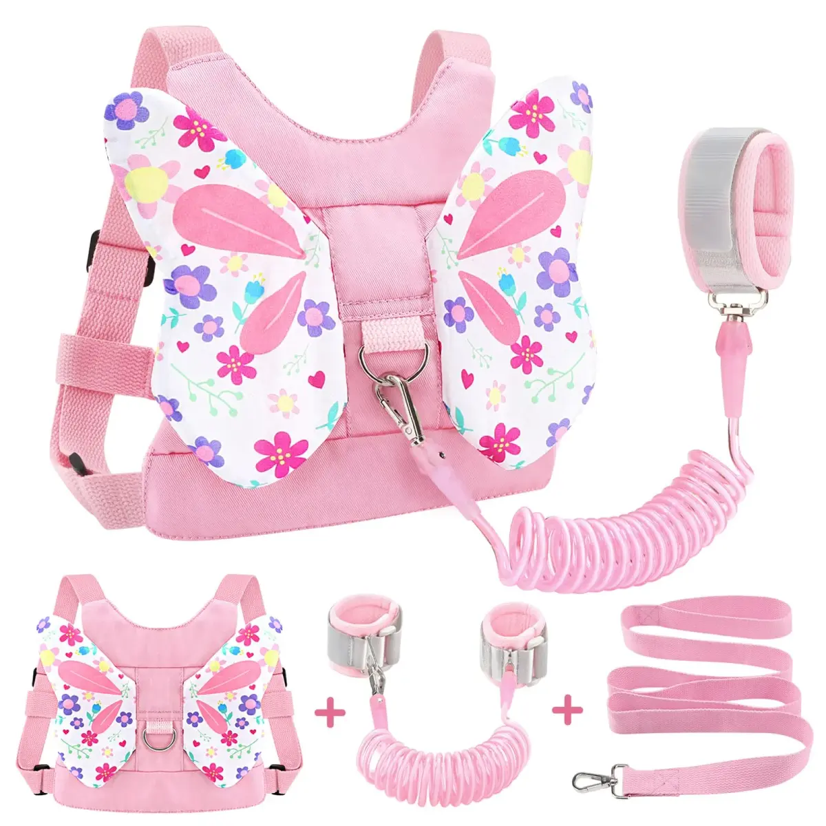 Accmor Light Pink/Flower Butterfly Toddler Harness Leash with Anti-Lost Wrist Link for Girls - main product image