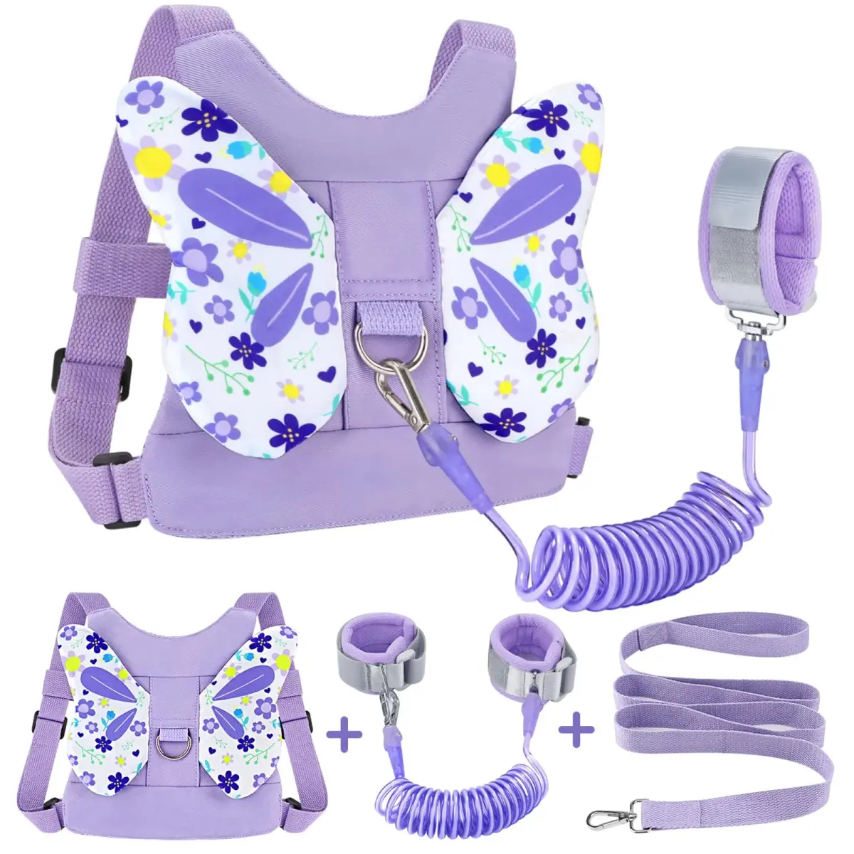 Accmor Light Purple/Flower Butterfly Toddler Harness Leash with Anti-Lost Wrist Link for Girls - main product image