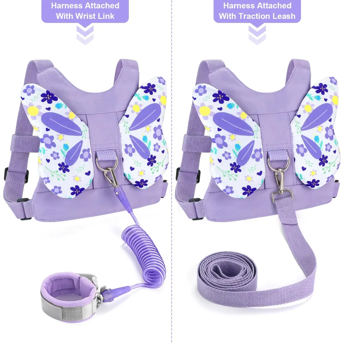 Accmor Light Purple/Flower Butterfly Toddler Harness Leash with Anti-Lost Wrist Link for Girls - view 4