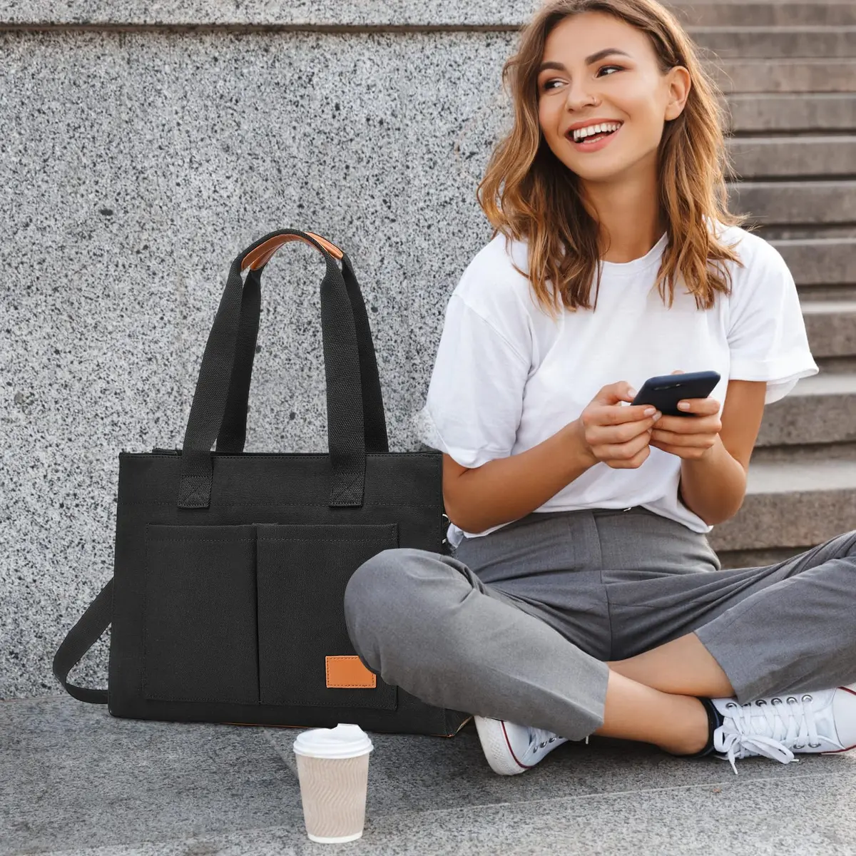 Barsine Canvas Laptop Tote Bag for Women, Fits 15.6" Laptop, 16L (15L) | Work Bag with Tablet Compartment & 2 Bottle Pockets - view 2