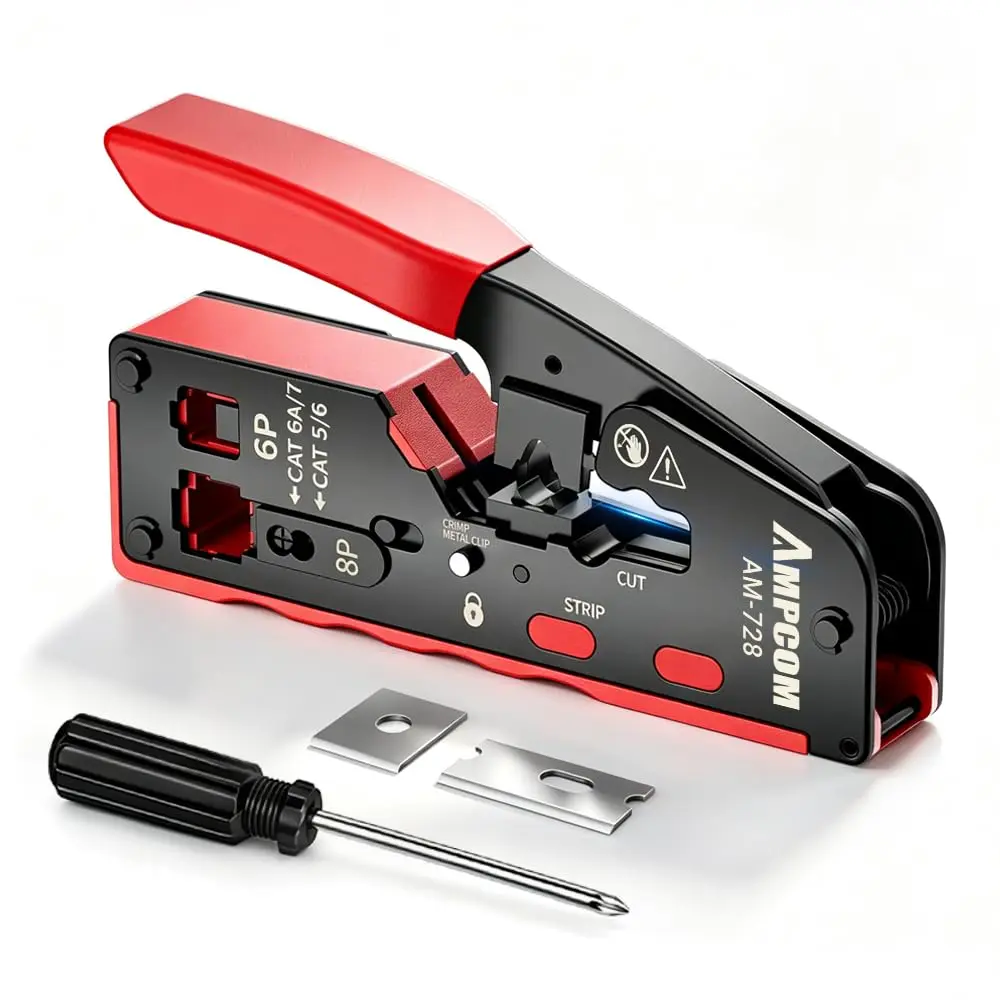 AMPCOM RJ45 Crimper for Cat 5e/6/6a7/8 Pass Through & Standard Network Plug | Heavy-Duty, Dual-Mode, 5000+ Crimps - main product image