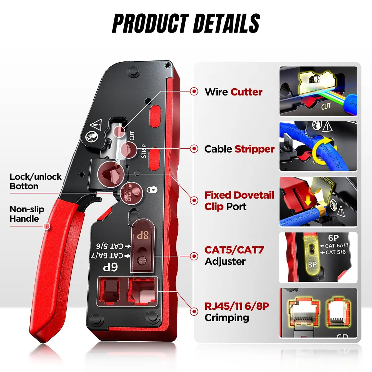 AMPCOM RJ45 Crimper for Cat 5e/6/6a7/8 Pass Through & Standard Network Plug | Heavy-Duty, Dual-Mode, 5000+ Crimps - view 2
