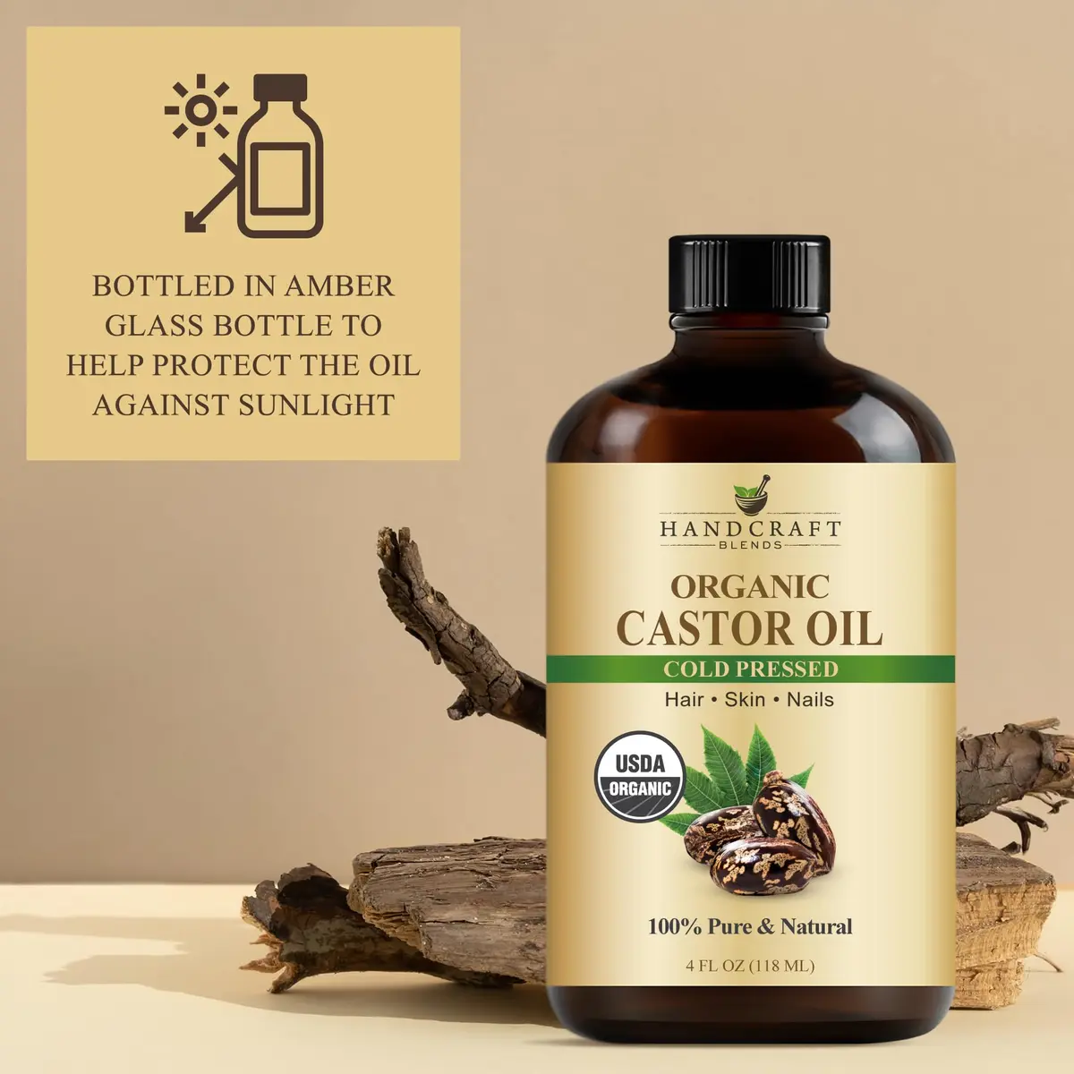 Handcraft Blends Organic Castor Oil 118ml (4 Fl Oz) | USDA Certified Pure Cold-Pressed for Lashes, Brows, Hair & Skin - view 4