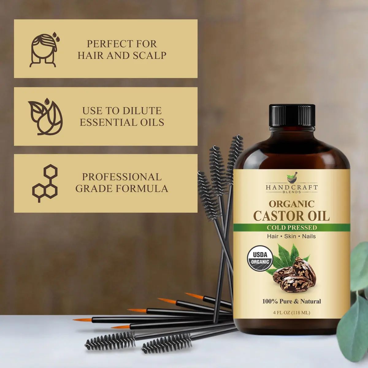 Handcraft Blends Organic Castor Oil 118ml (4 Fl Oz) | USDA Certified Pure Cold-Pressed for Lashes, Brows, Hair & Skin - view 2