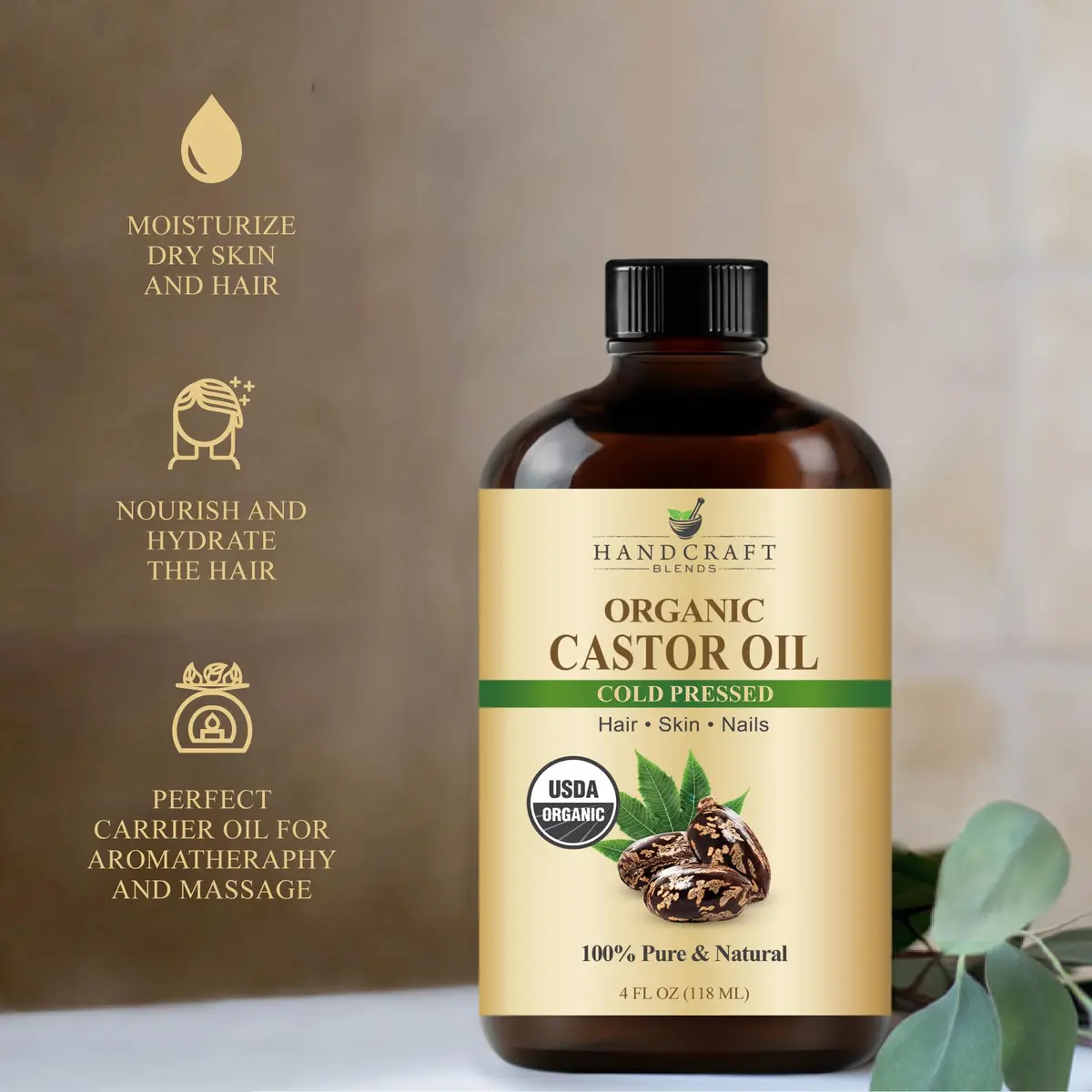 Handcraft Blends Organic Castor Oil 118ml (4 Fl Oz) | USDA Certified Pure Cold-Pressed for Lashes, Brows, Hair & Skin - view 3