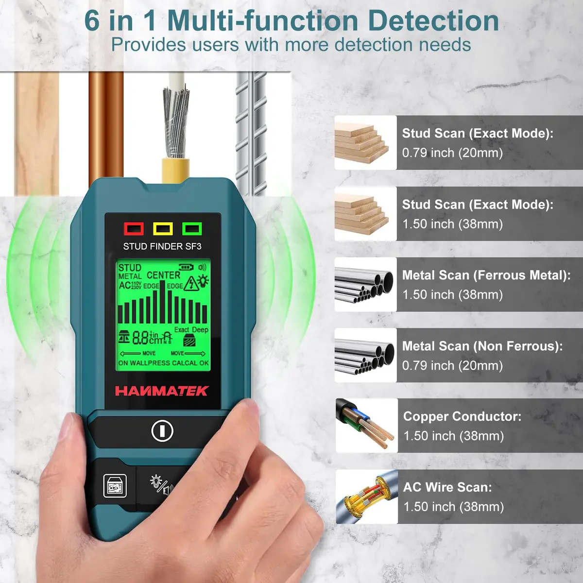 HANMATEK Stud Finder Wall Scanner Detector with Pro Smart Sensor, Audio Alarm & HD LCD Display, 6-in-1 Upgrade Wood Exact Mode Stud Finder Tool (20mm/38mm Depth, Green) - view 3