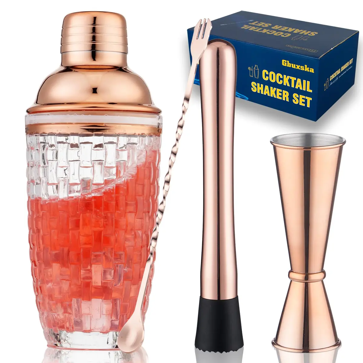 Gbuxska Rose Gold Cocktail Shaker Set with Jigger, Bar Spoon & Muddler | 13oz Glass, Leakproof, Gift Box - main product image