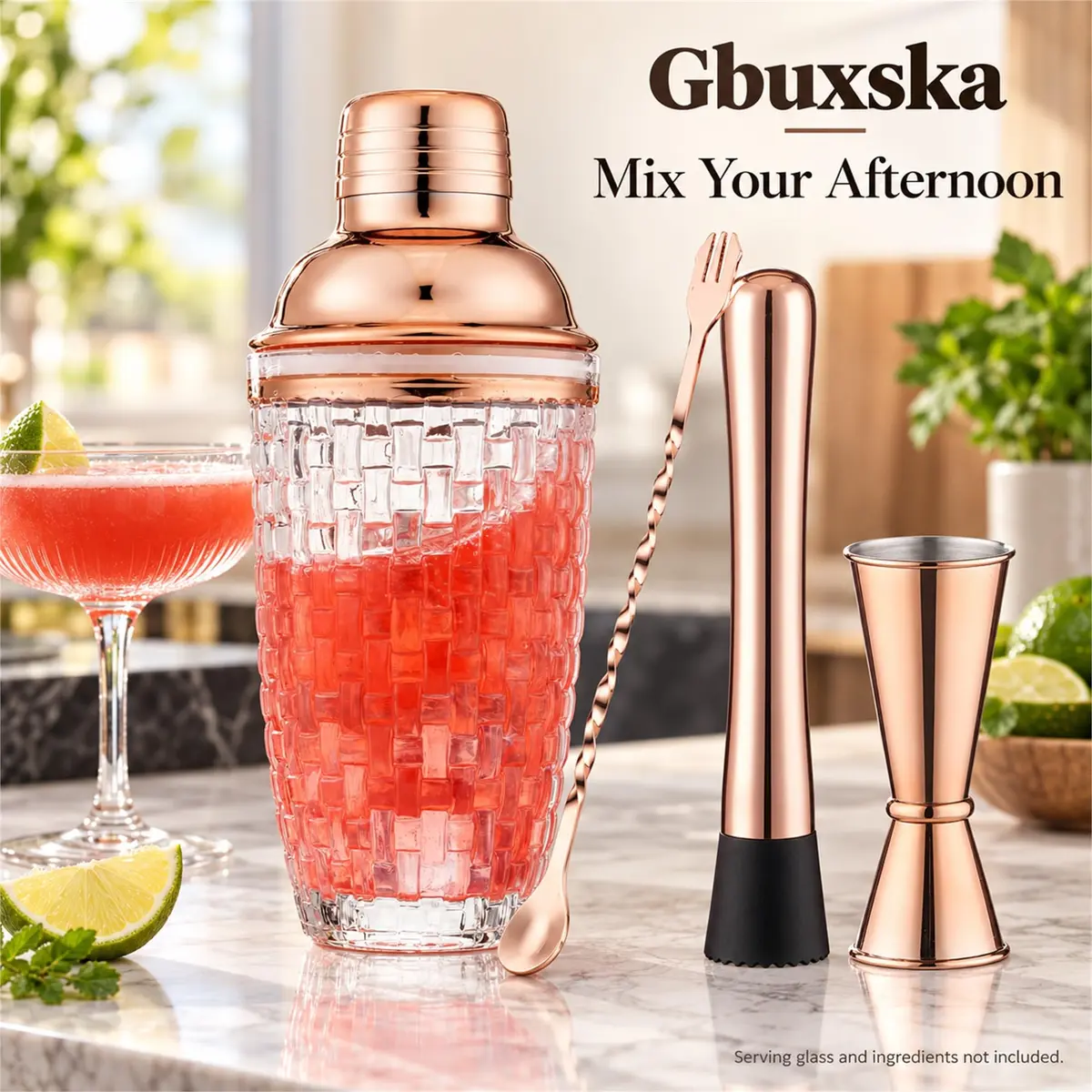 Gbuxska Rose Gold Cocktail Shaker Set with Jigger, Bar Spoon & Muddler | 13oz Glass, Leakproof, Gift Box - view 5