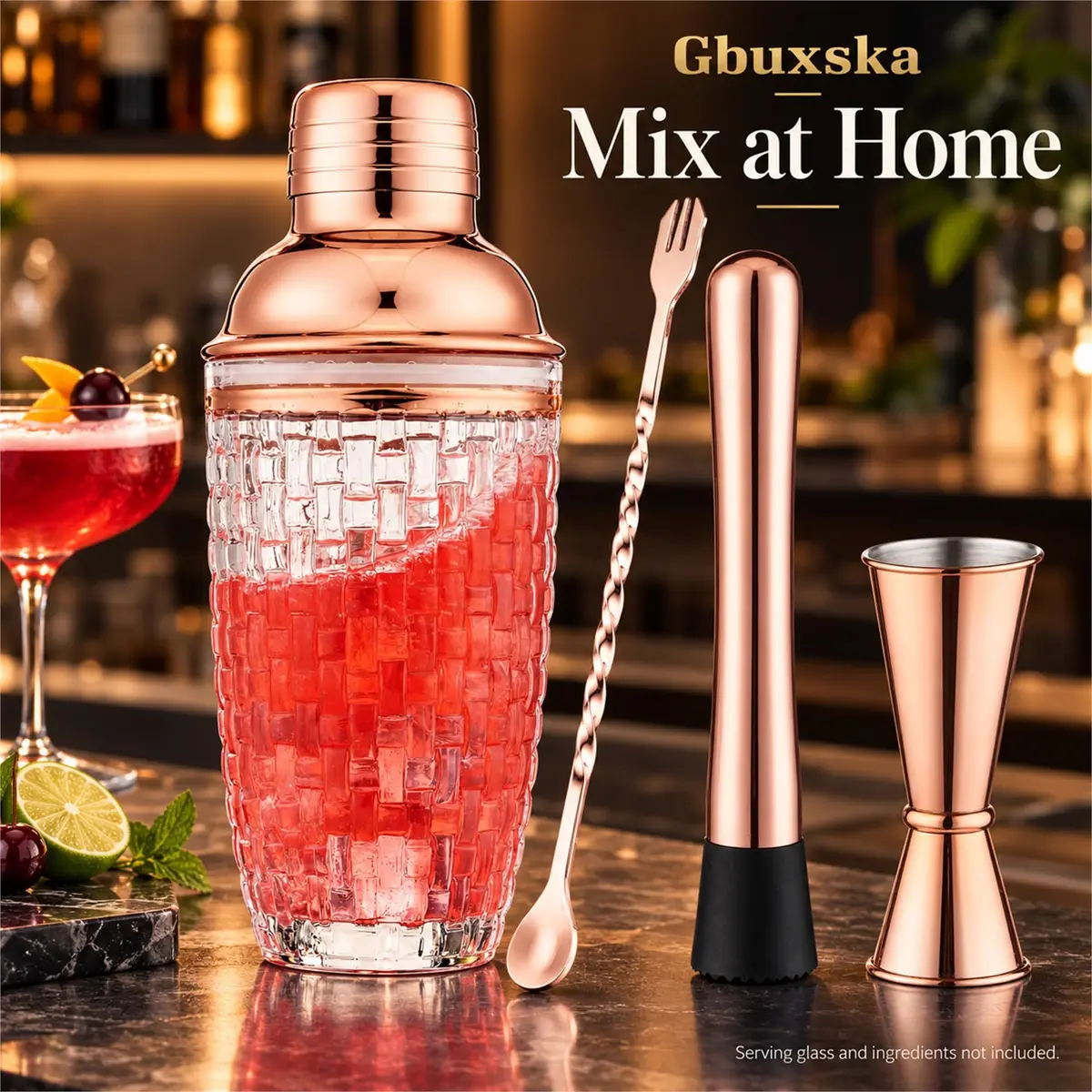 Gbuxska Rose Gold Cocktail Shaker Set with Jigger, Bar Spoon & Muddler | 13oz Glass, Leakproof, Gift Box - view 6
