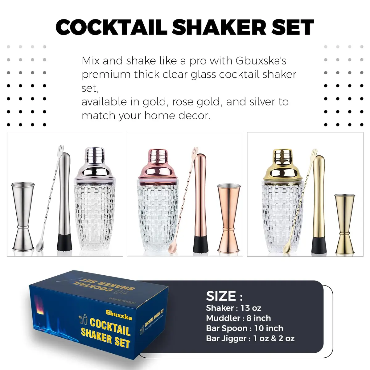 Gbuxska Rose Gold Cocktail Shaker Set with Jigger, Bar Spoon & Muddler | 13oz Glass, Leakproof, Gift Box - view 2