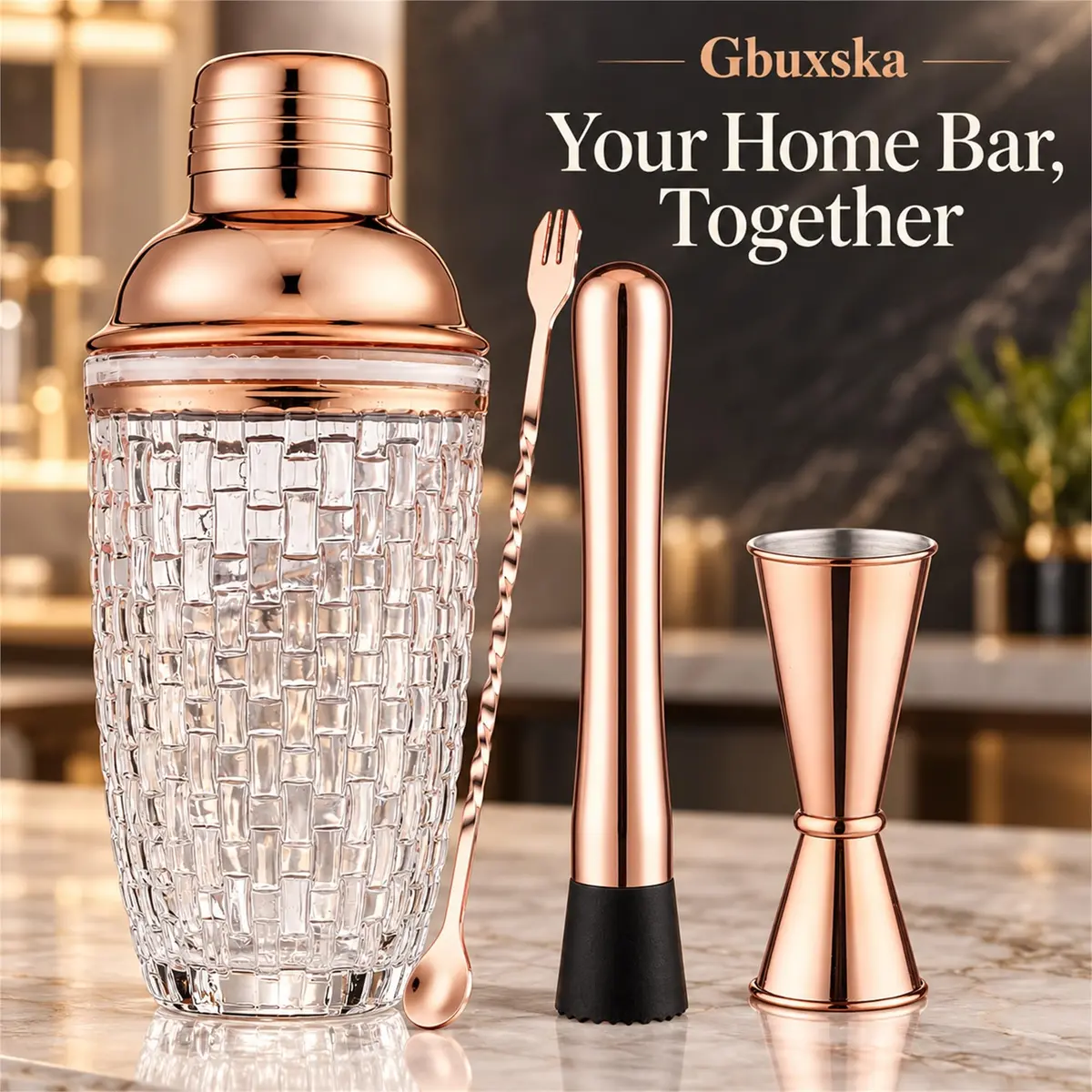Gbuxska Rose Gold Cocktail Shaker Set with Jigger, Bar Spoon & Muddler | 13oz Glass, Leakproof, Gift Box - view 3