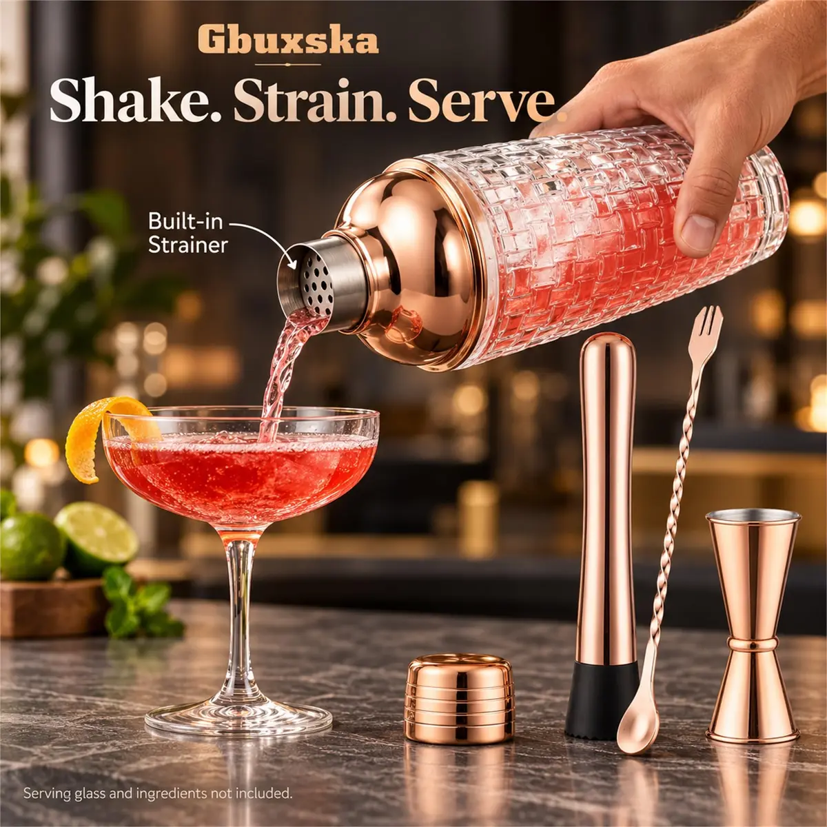 Gbuxska Rose Gold Cocktail Shaker Set with Jigger, Bar Spoon & Muddler | 13oz Glass, Leakproof, Gift Box - view 4