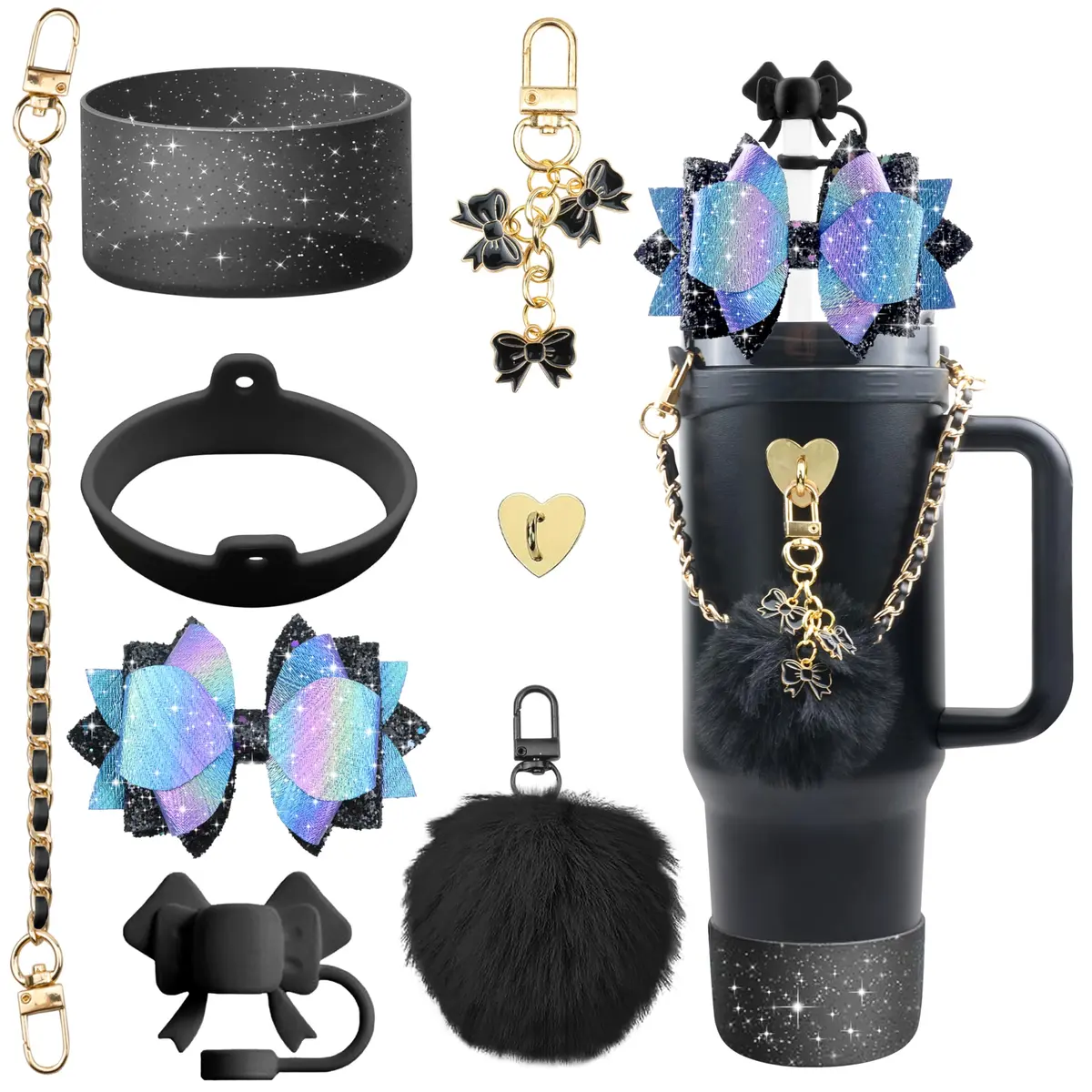 SEMATA Bling Bow Tumbler Accessories for Stanley Cup 30 40oz | Silicone Bow Cover & Charms - main product image