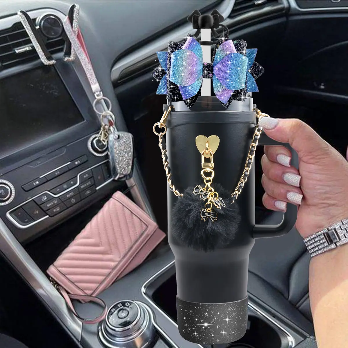 SEMATA Bling Bow Tumbler Accessories for Stanley Cup 30 40oz | Silicone Bow Cover & Charms - view 4
