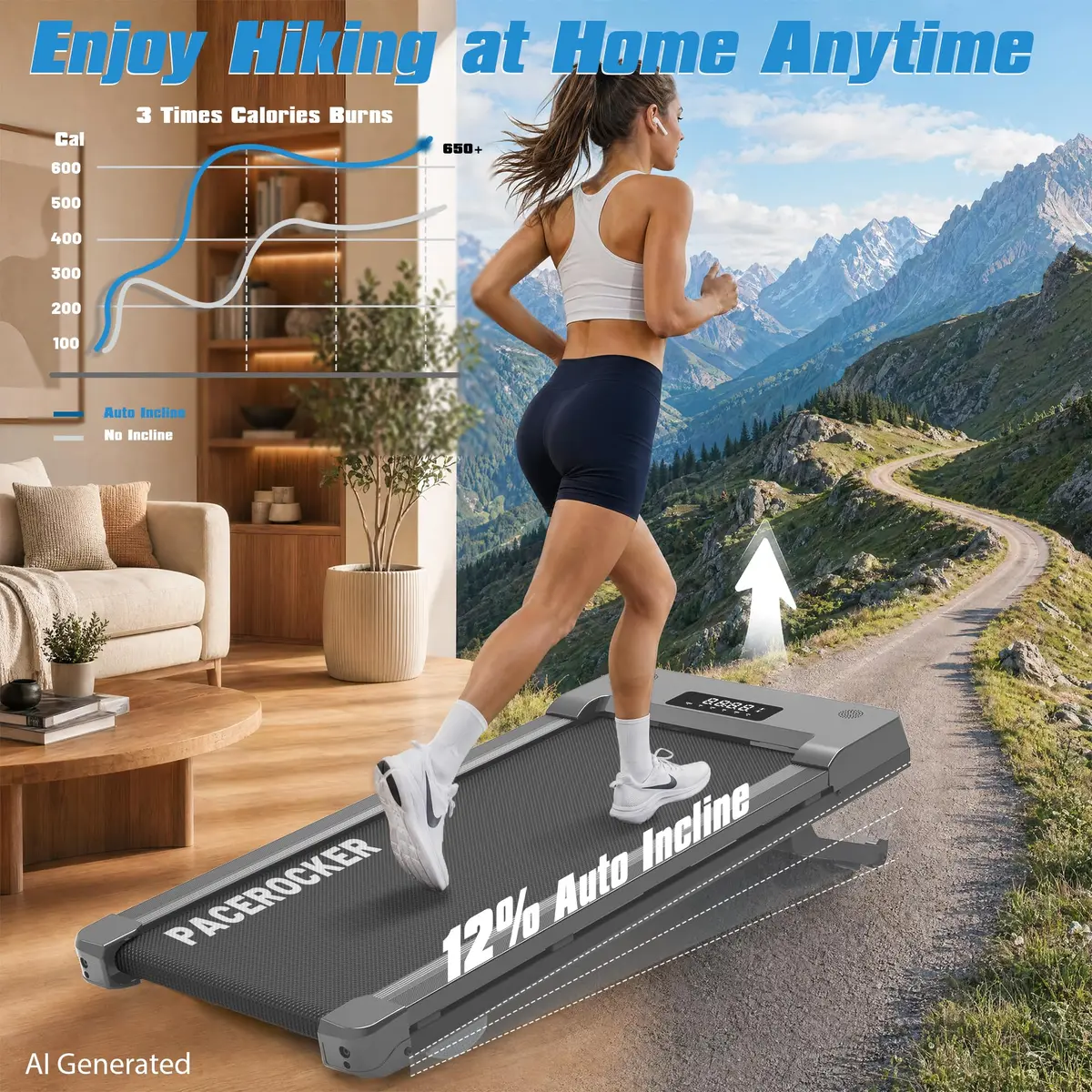 PACEROCKER Walking Pad Treadmill 12% Auto Incline | Compact Under Desk Fitness Equipment - view 2