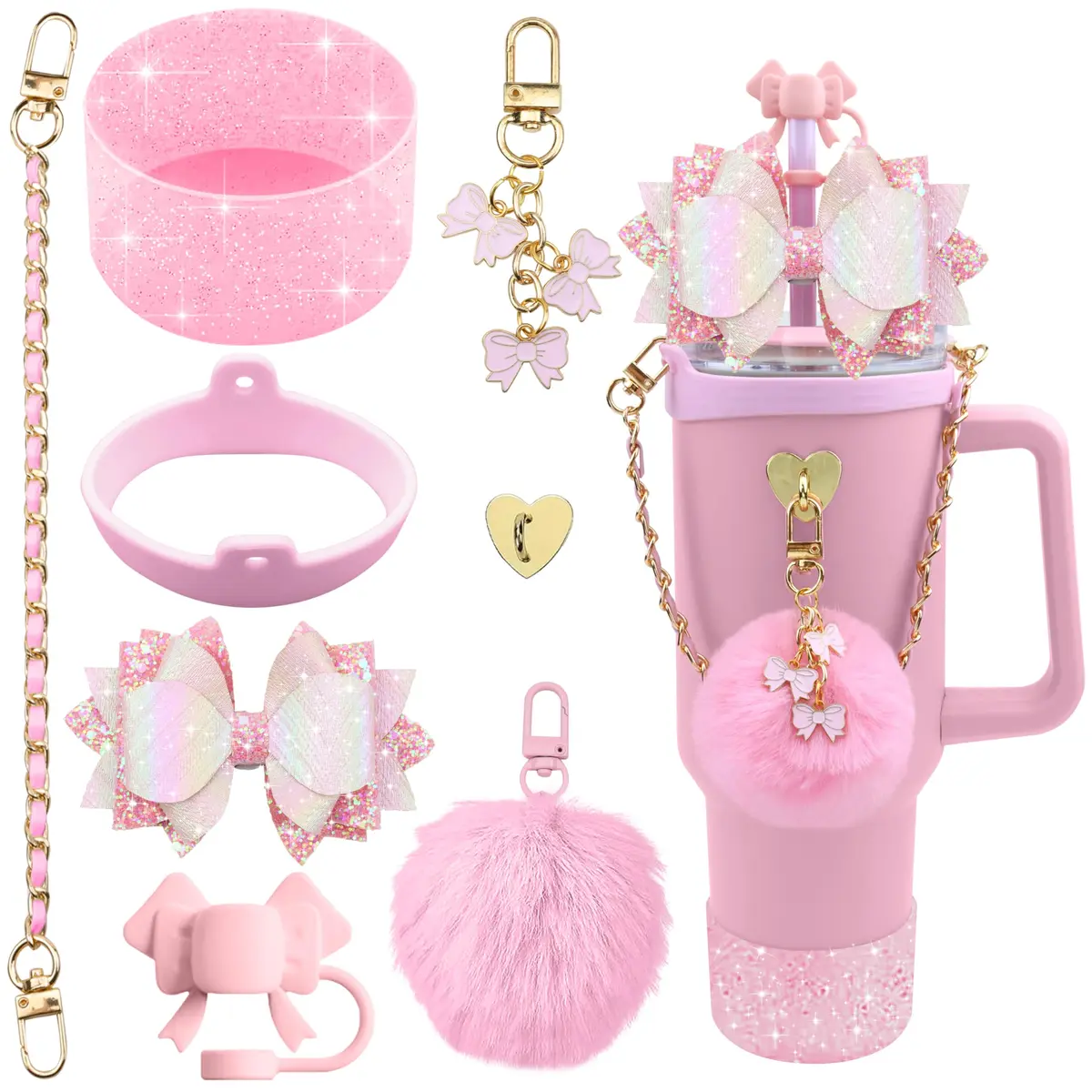 SEMATA Bling Bow Tumbler Accessories for Stanley Cup 40oz & 30oz | Pink Set with Straw Topper, Boot, Handle Strap & Charms - main product image