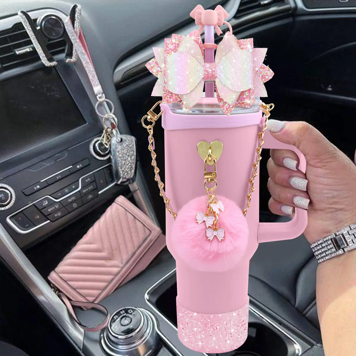 SEMATA Bling Bow Tumbler Accessories for Stanley Cup 40oz & 30oz | Pink Set with Straw Topper, Boot, Handle Strap & Charms - view 5