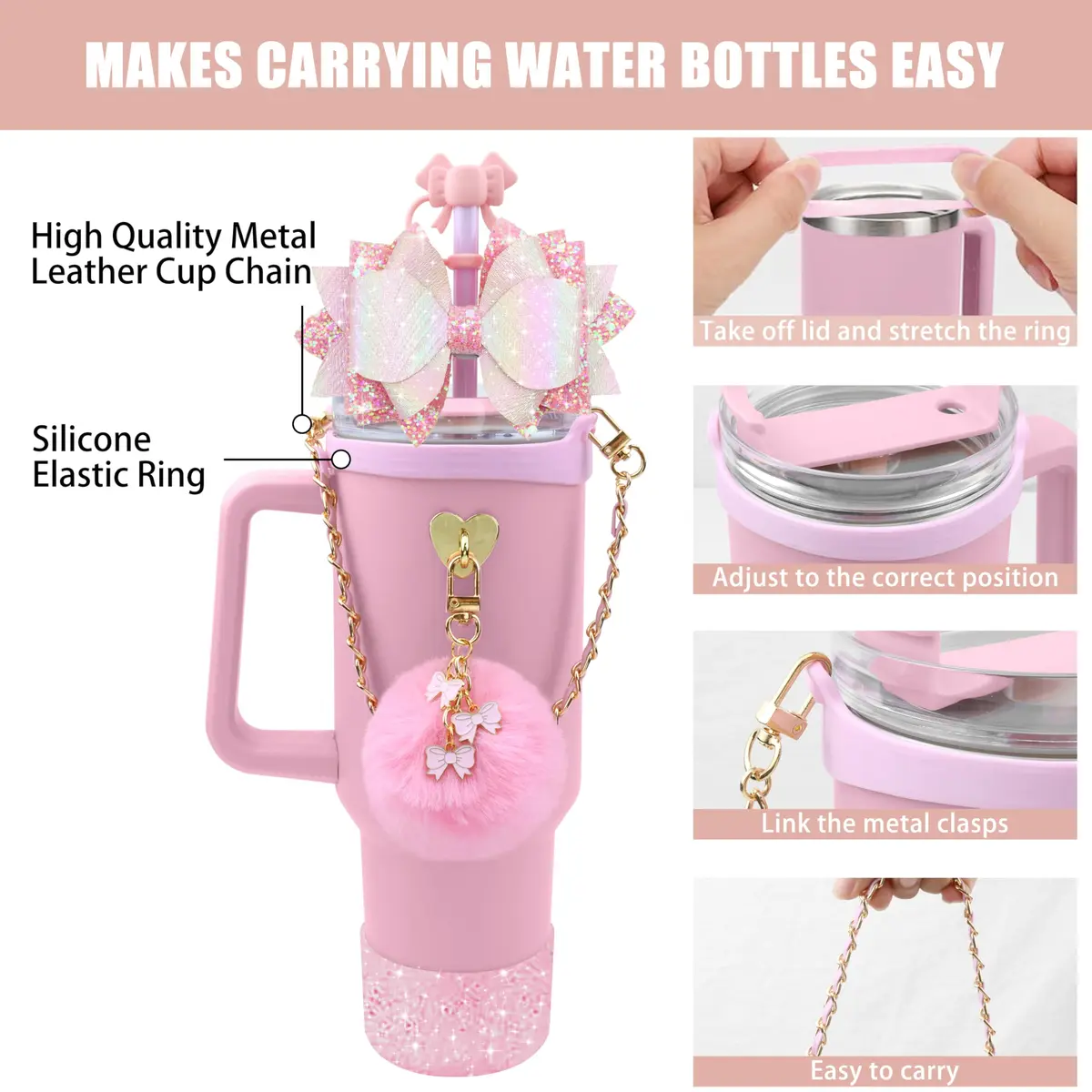 SEMATA Bling Bow Tumbler Accessories for Stanley Cup 40oz & 30oz | Pink Set with Straw Topper, Boot, Handle Strap & Charms - view 2