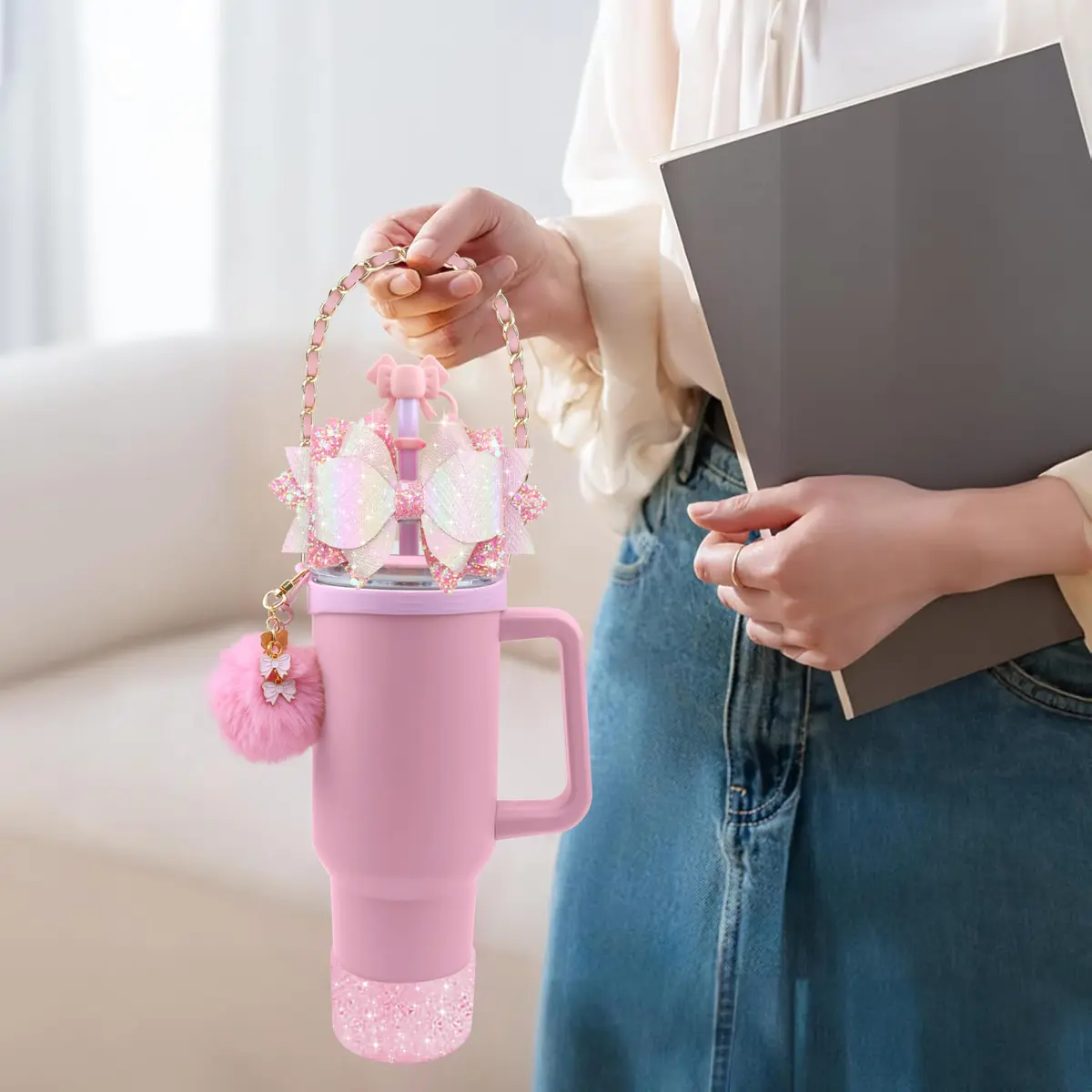 SEMATA Bling Bow Tumbler Accessories for Stanley Cup 40oz & 30oz | Pink Set with Straw Topper, Boot, Handle Strap & Charms - view 4
