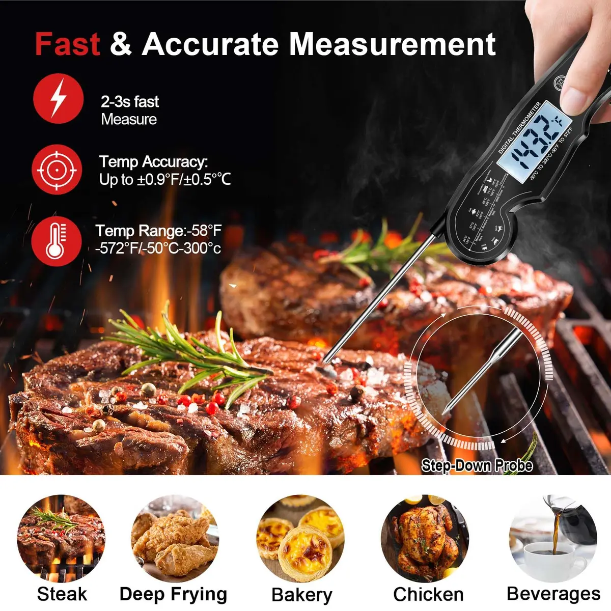 ANDAXIN Meat Thermometer Digital | Fast Instant Read Food Thermometer with Backlight LCD & Calibration (6.3 inches) - view 2