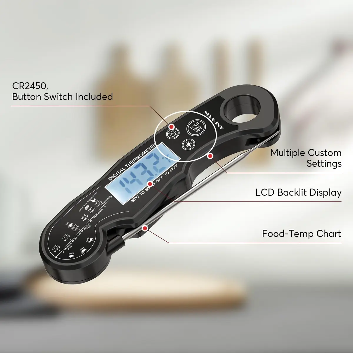 ANDAXIN Meat Thermometer Digital | Fast Instant Read Food Thermometer with Backlight LCD & Calibration (6.3 inches) - view 3