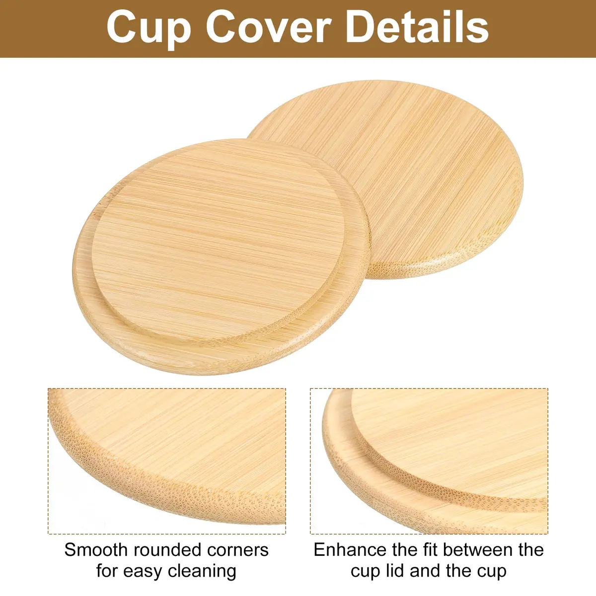 uxcell Bamboo Cup Lid 3.58 Inch | Reusable Wooden Cover for Hot & Cold Drinks - view 3