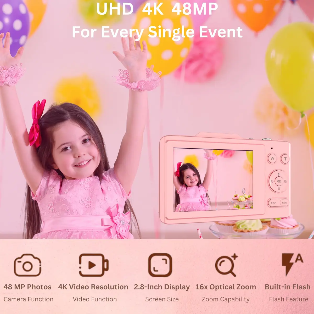CRYOTECH 4K Digital Camera 48MP Photos 32GB SD Card & Lanyard Included Pink | 4K Video & 16x Zoom - view 2