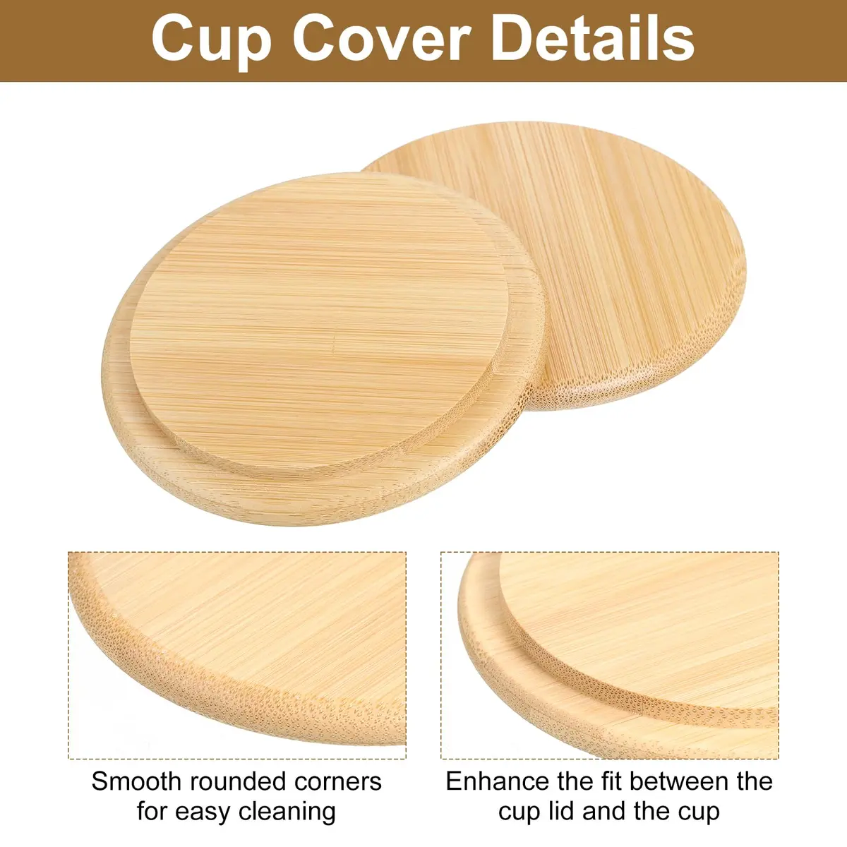 uxcell Bamboo Cup Lid 3.35 Inch | Reusable Wooden Cover for Hot & Cold Drinks - view 3