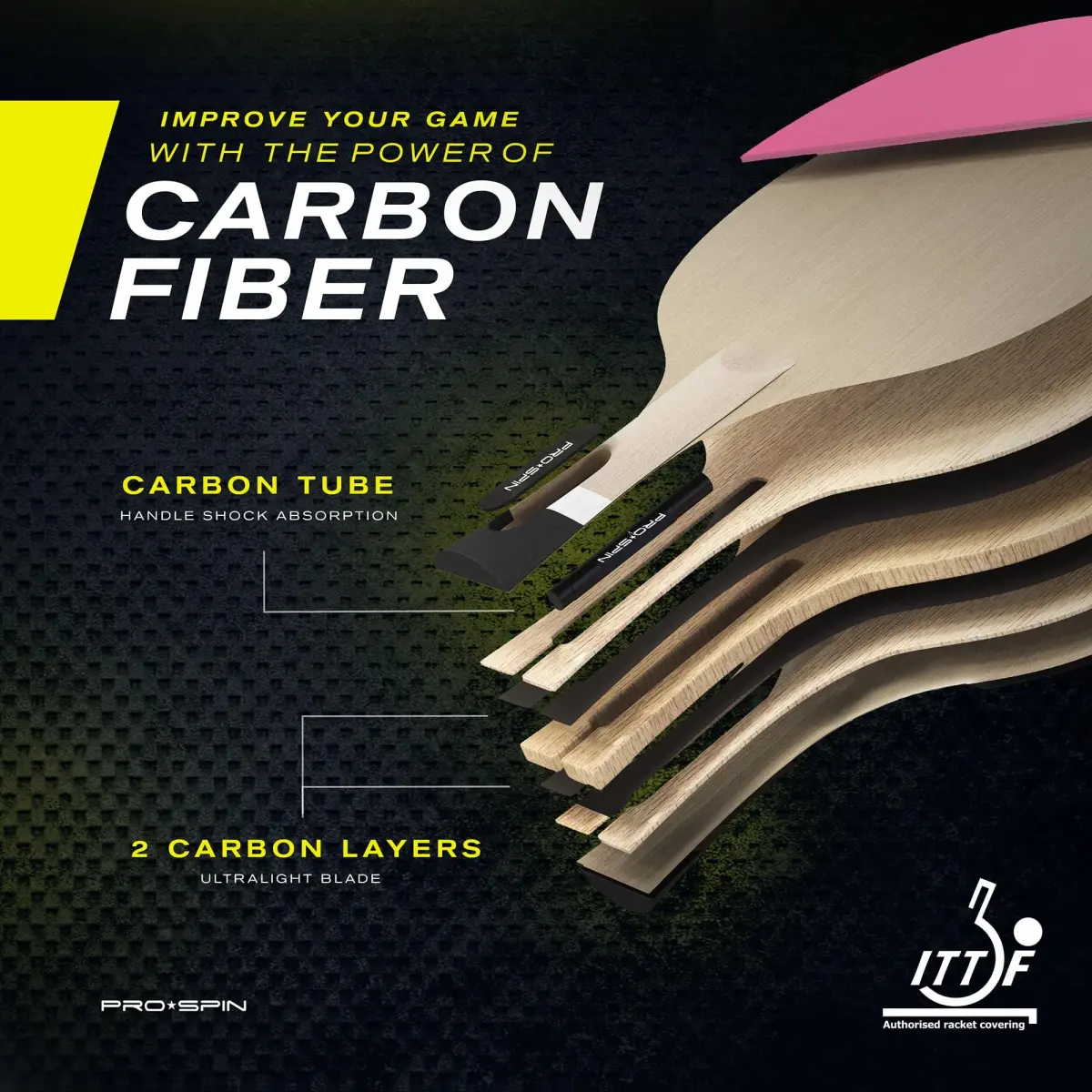 PRO-SPIN Carbon Fiber Table Tennis Racket | 7-Ply Blade, ITTF Approved Rubber, 2.0mm Sponge, Pink 1-Pack - view 3